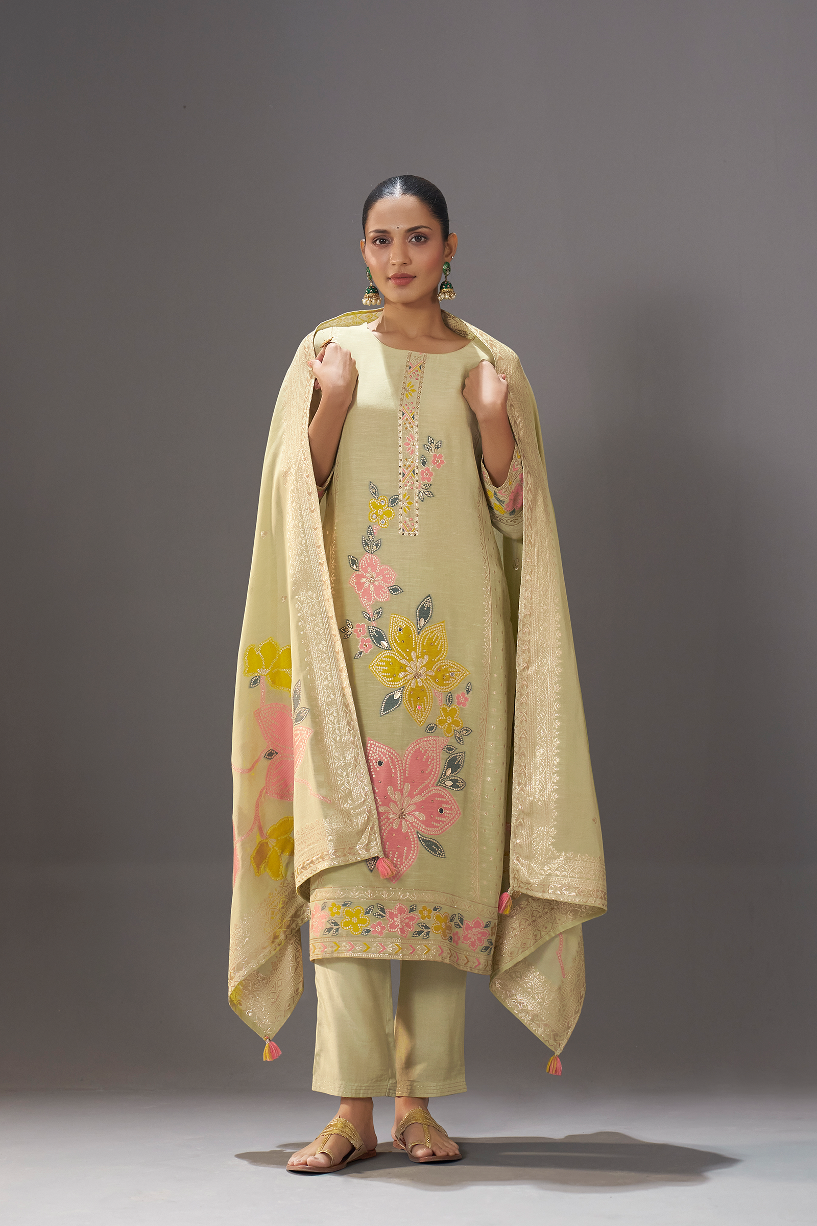 Sage Floral Reverie Viscose Linen Jacquard Multi Meena Kurta Set
