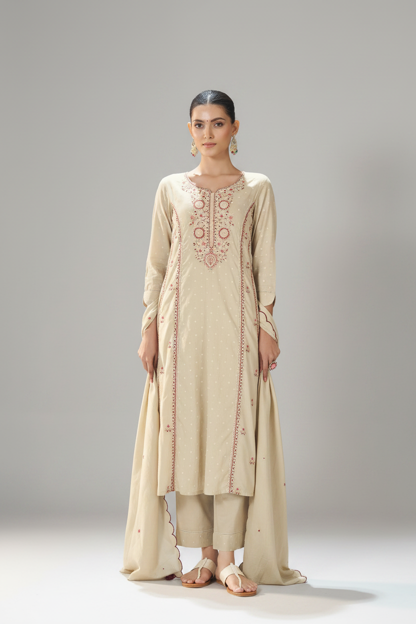 Cream Taupe Table Print Embroidered Kurta Set