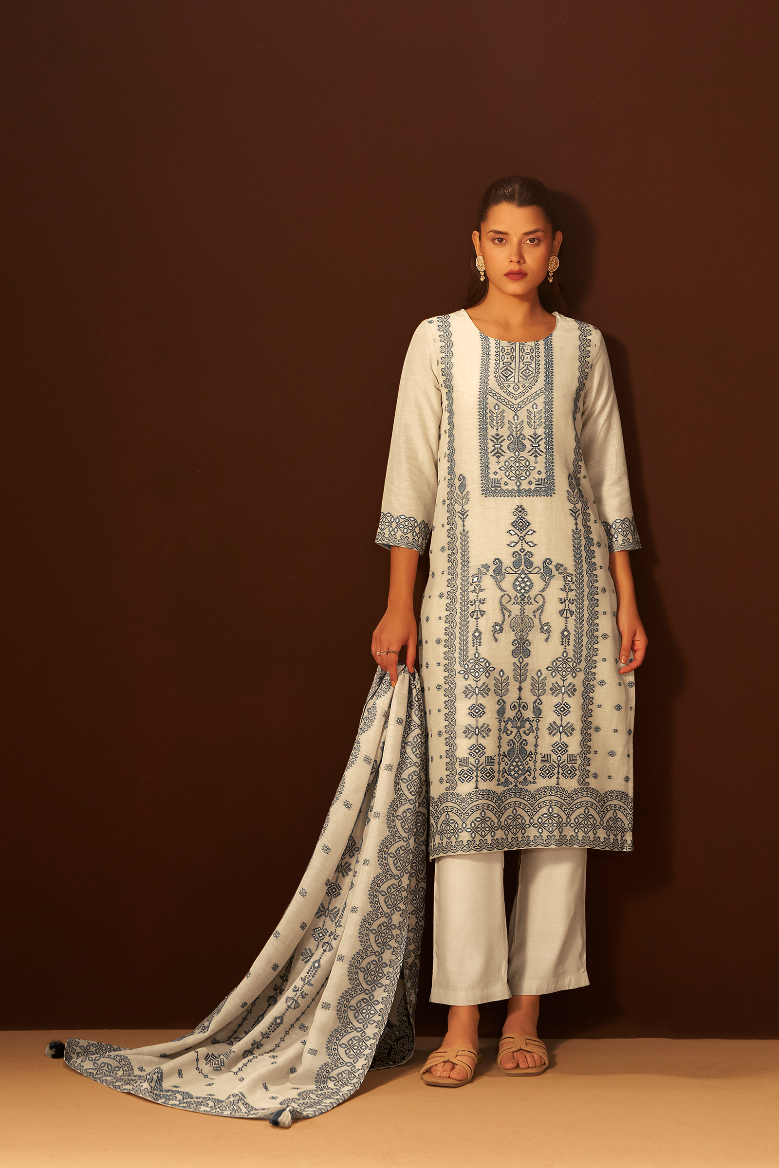 Moonstone Ivory Linen Jacquard Kurta Set