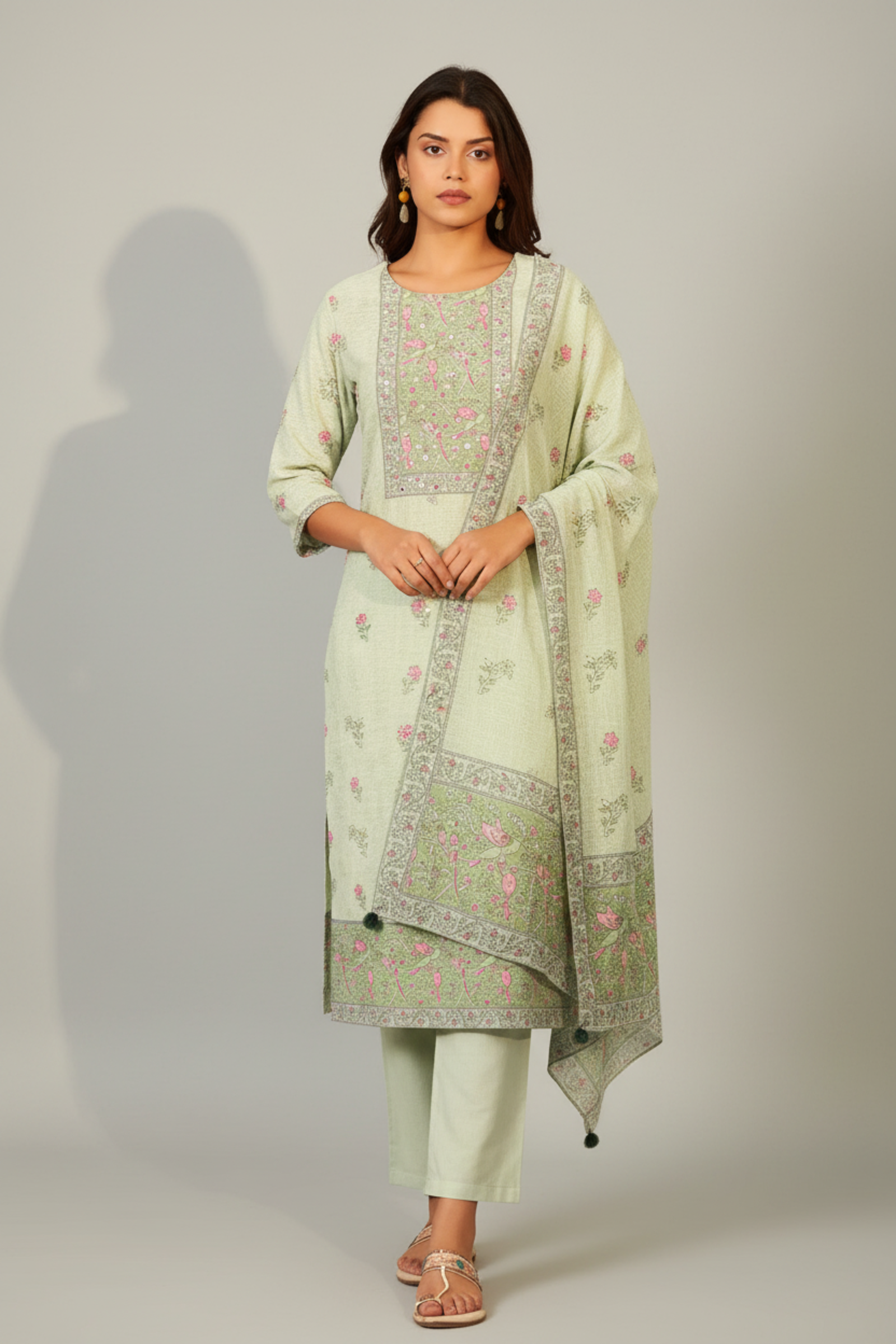 Ivory Mint Digital Printed Embroidered Kurta Set