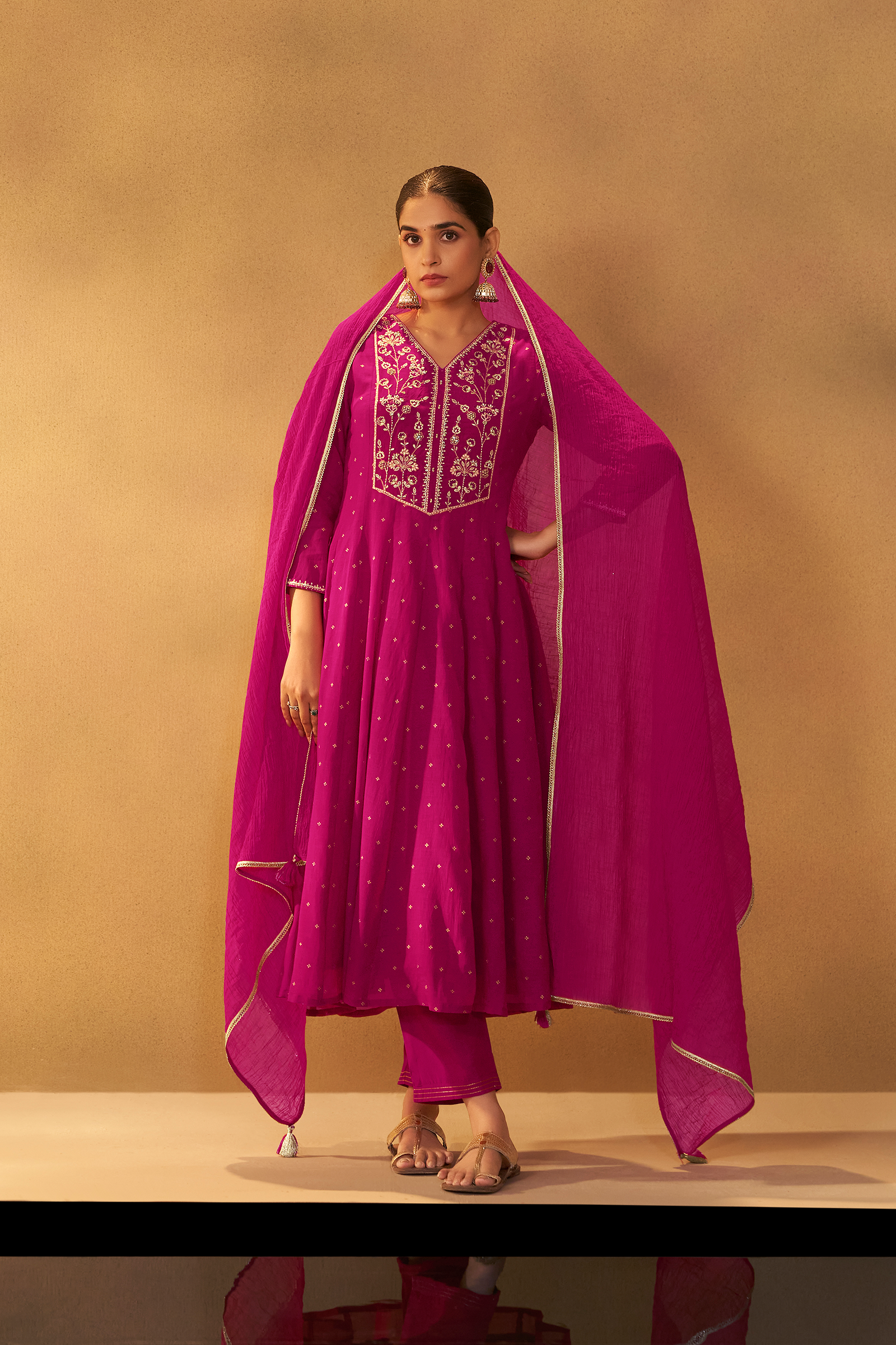 Bold Magenta Mul Chanderi Table Print Anarkali Kurta Set