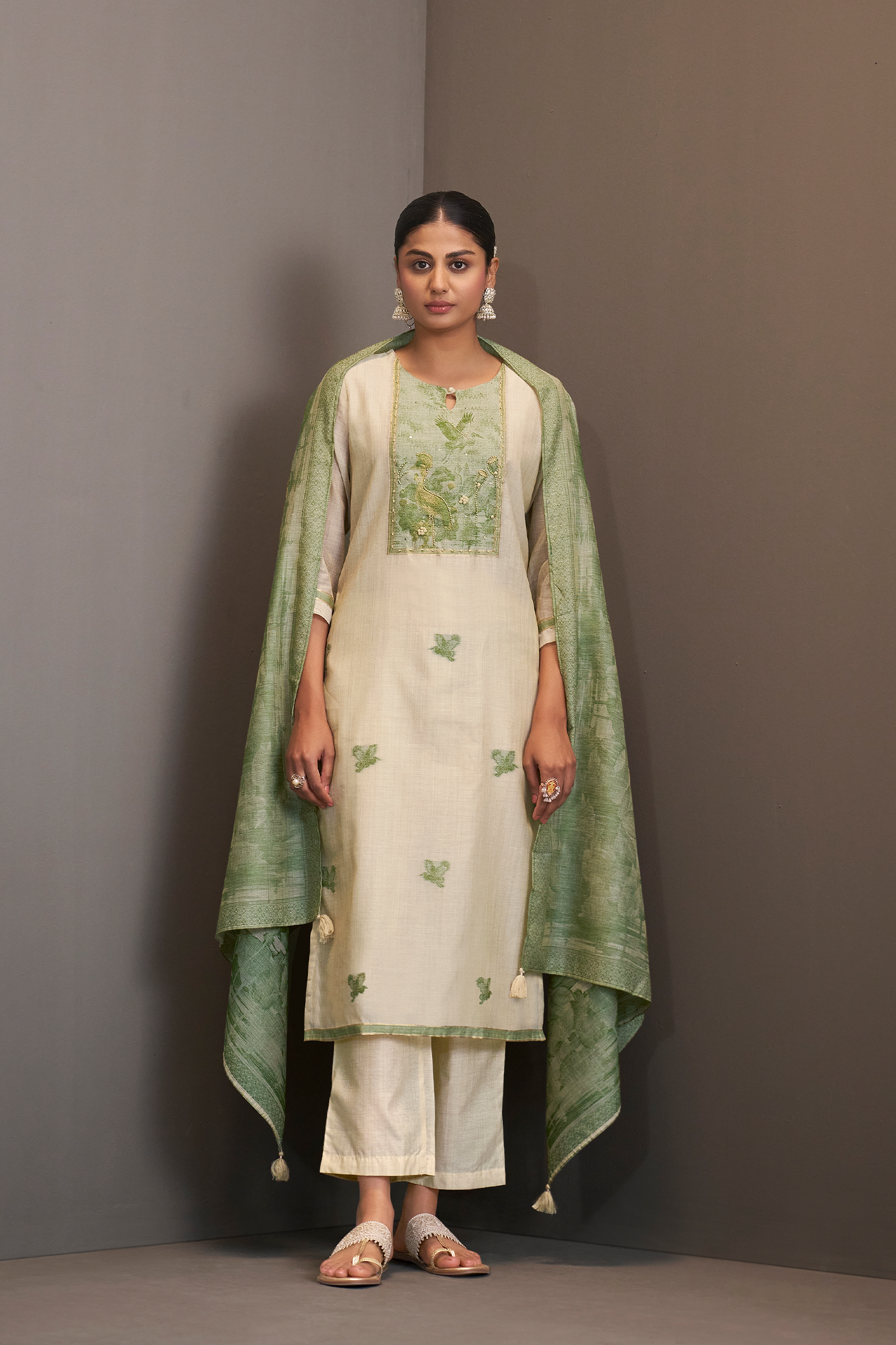 Sagewood Ivory Linen Chanderi Jacquard Kurta Set