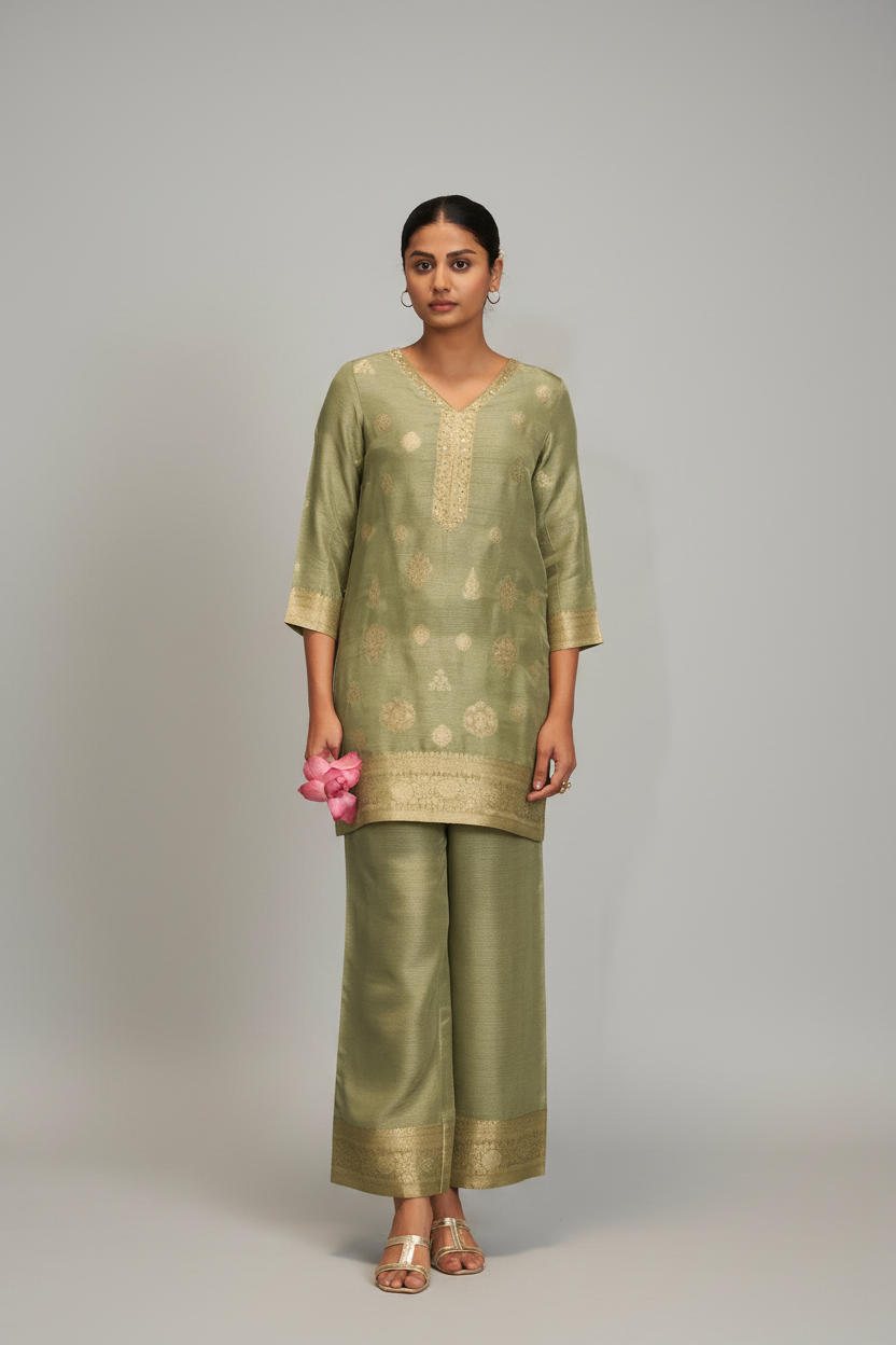 Sage Gold Linen Jacquard Co-Ord Set