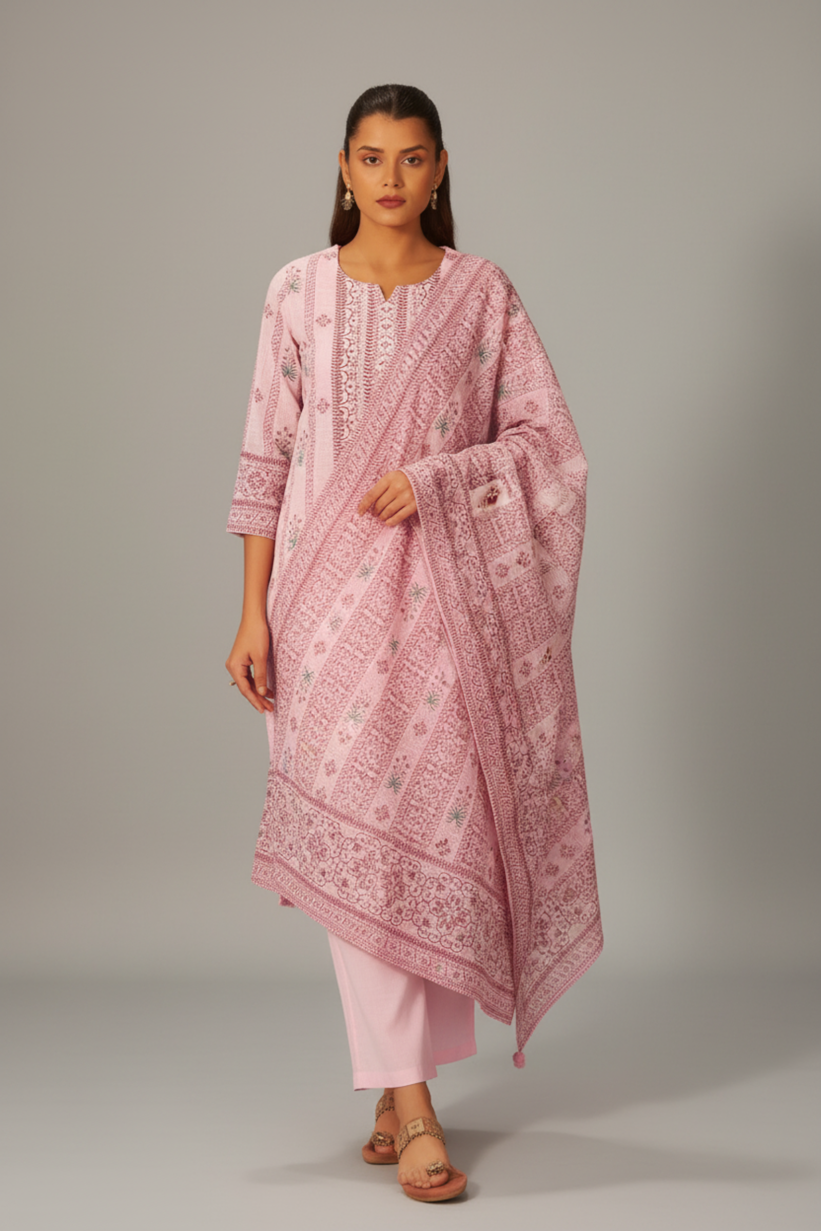 Pastel Rosé Linen Cotton Digital Print Kurta Set