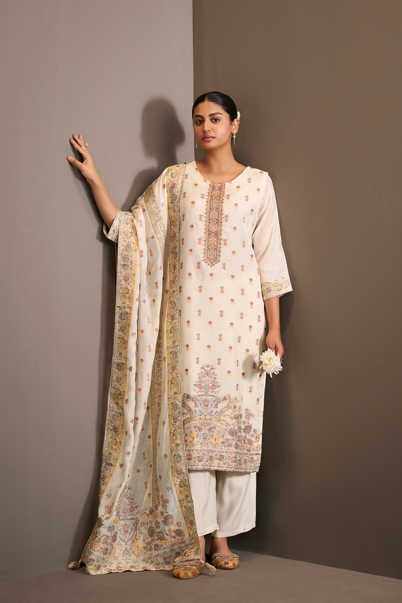 Cream Gold Chanderi Multi-Meena Jacquard Kurta Set