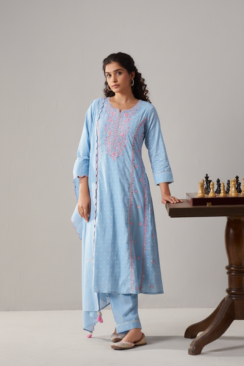 Pastel Sky Table Print Embroidered Kurta Set