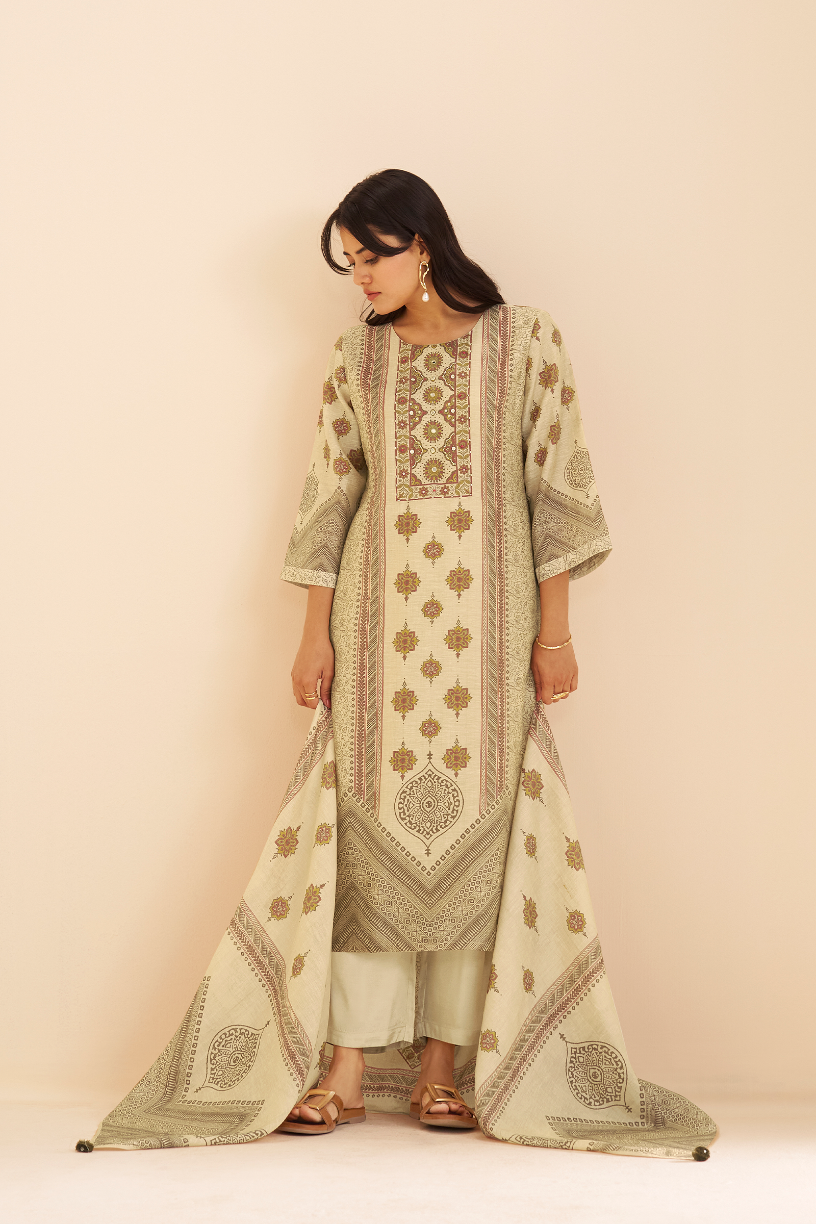 Mughal Parchment Shimmer linen Digital printed Kurta Set