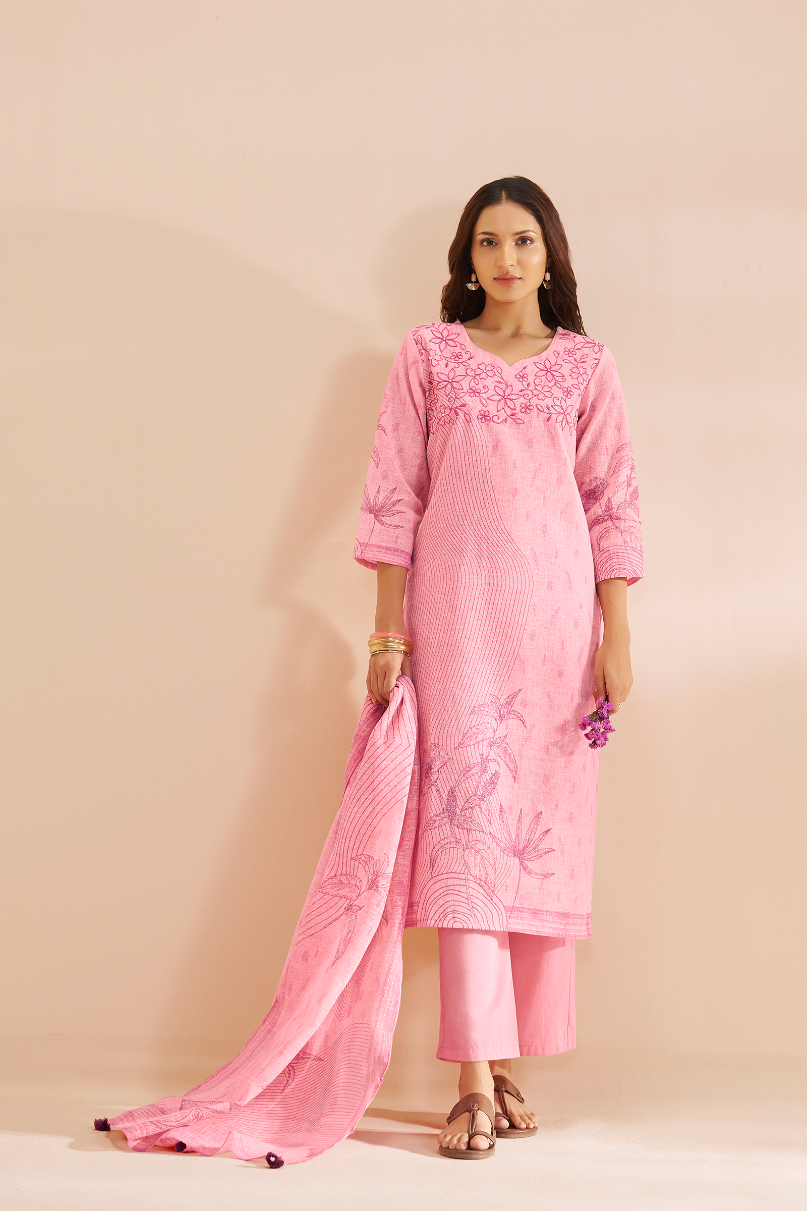 Soft Fuchsia Linen Cotton Digital Printed Kurta Set