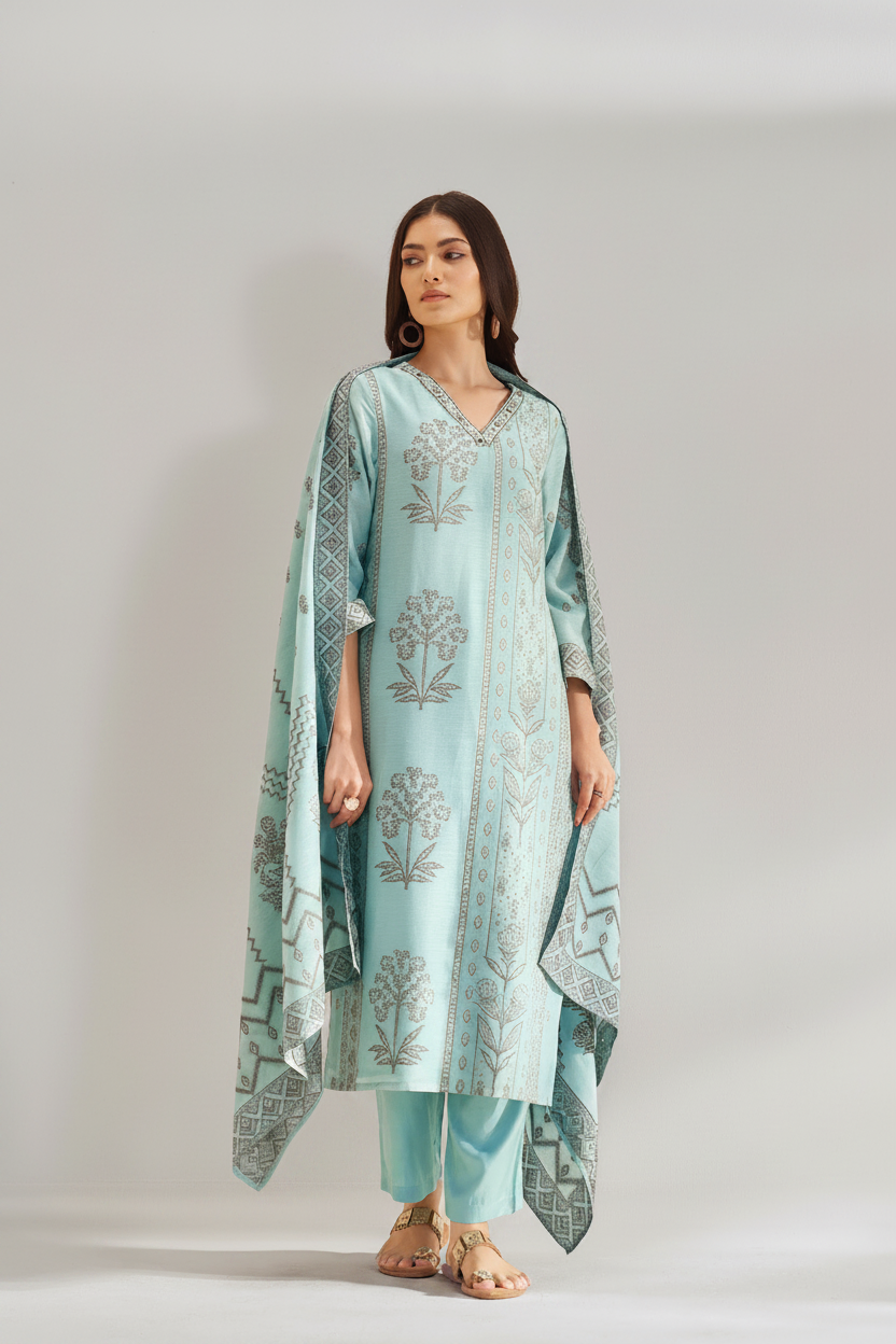 Powder Aqua Botanica Linen Jacquard Kurta set