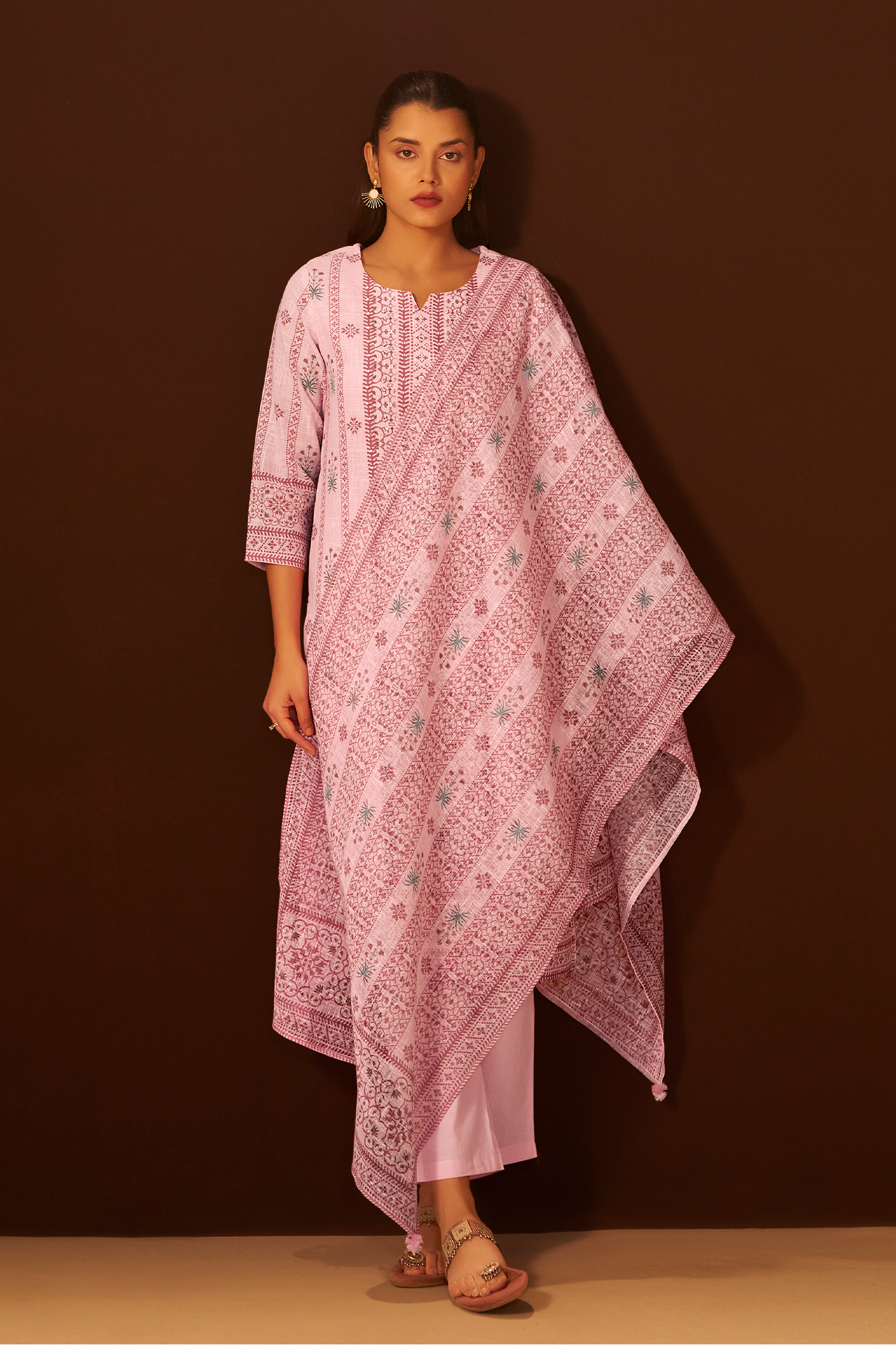 Pastel Rosé Linen Cotton Digital Print Kurta Set