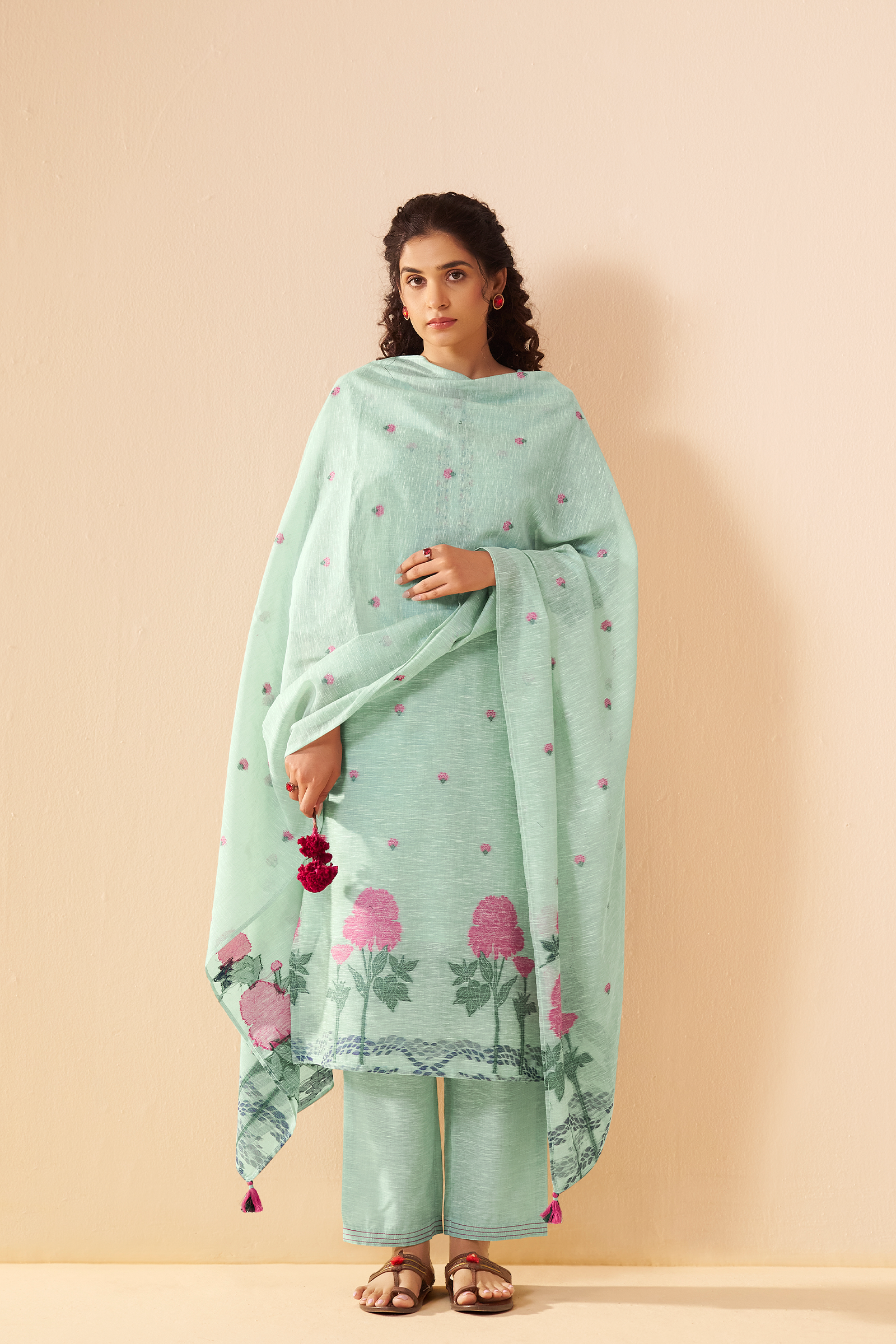 Mint Peony Linen Chanderi Jacquard Kurta Set