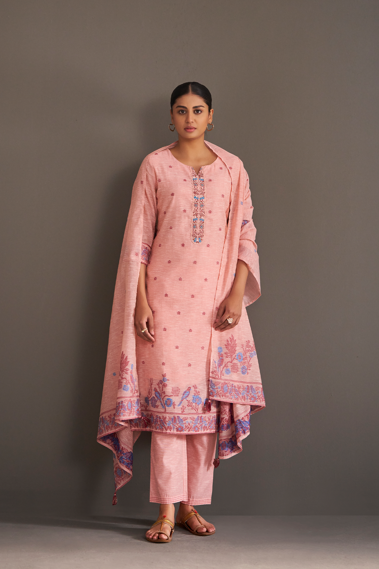 Blush Berry Linen Chanderi Jacquard Kurta Set
