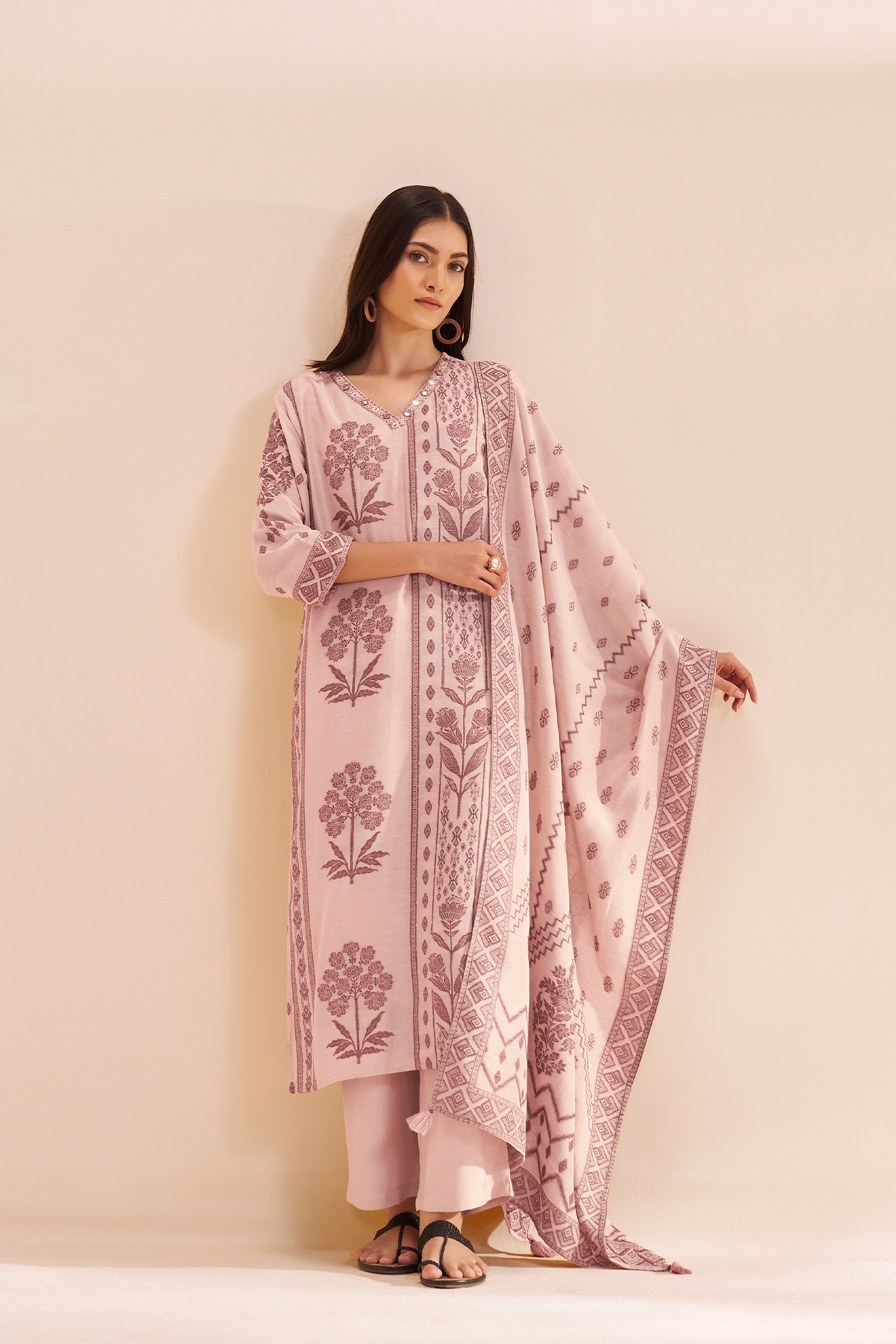 Blush Mocha Linen Jacquard Kurta Set
