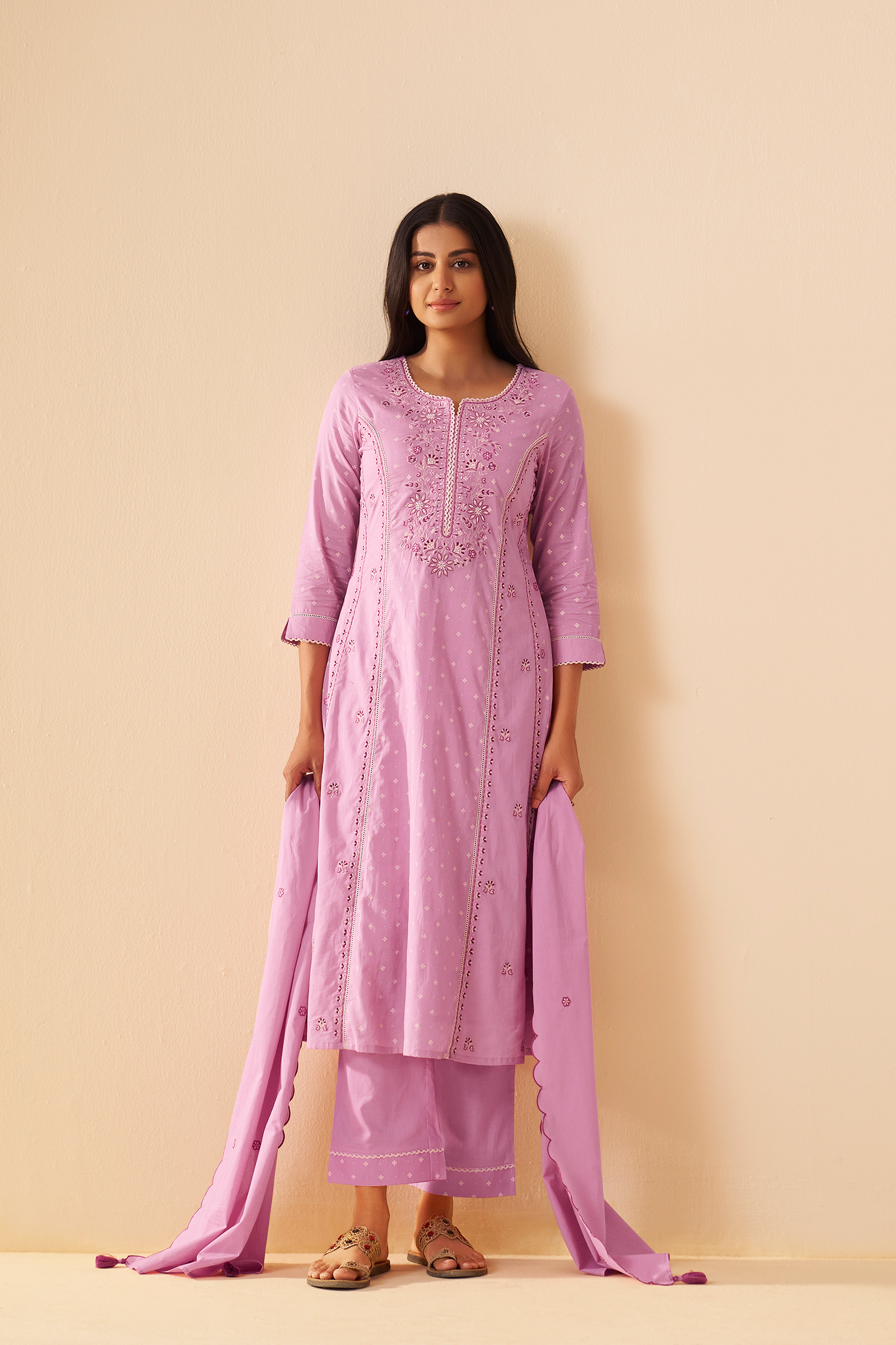 Lilac Blush Table Print Embroidered Kurta Set