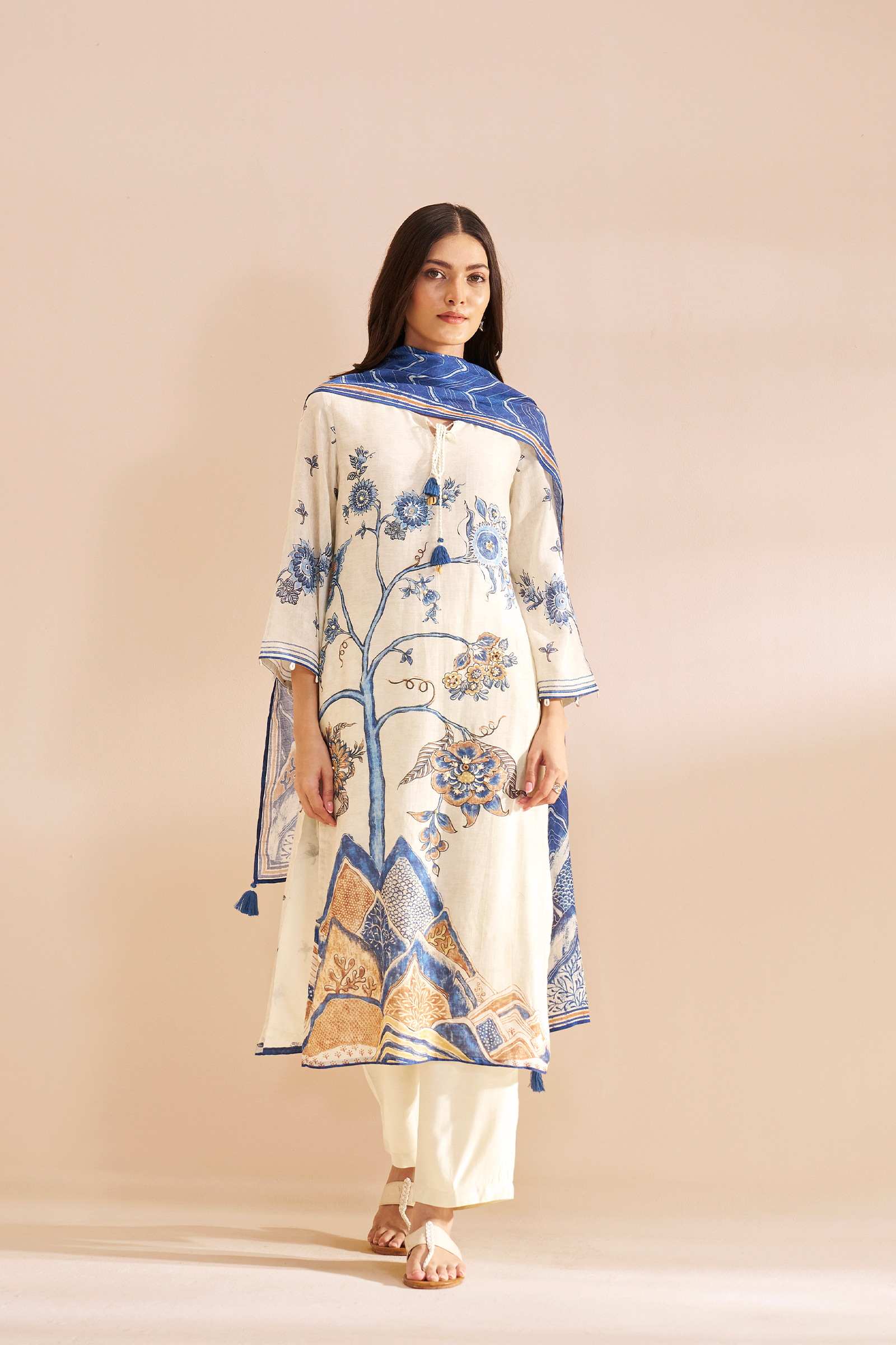 Ivory Azure Botanica Pure Chanderi Digital Printed Kurta Set