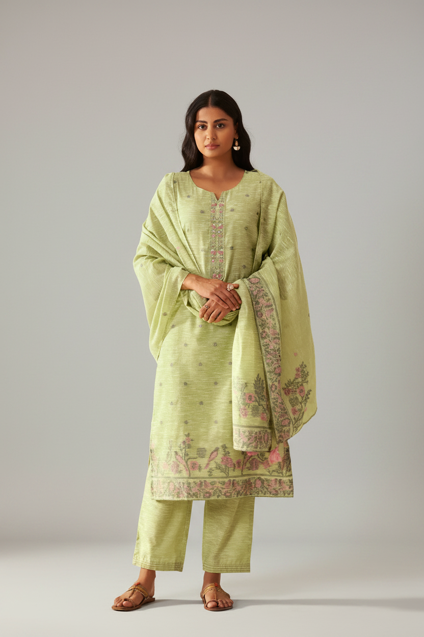 Sage Garden Linen Chanderi Jacquard Kurta Set
