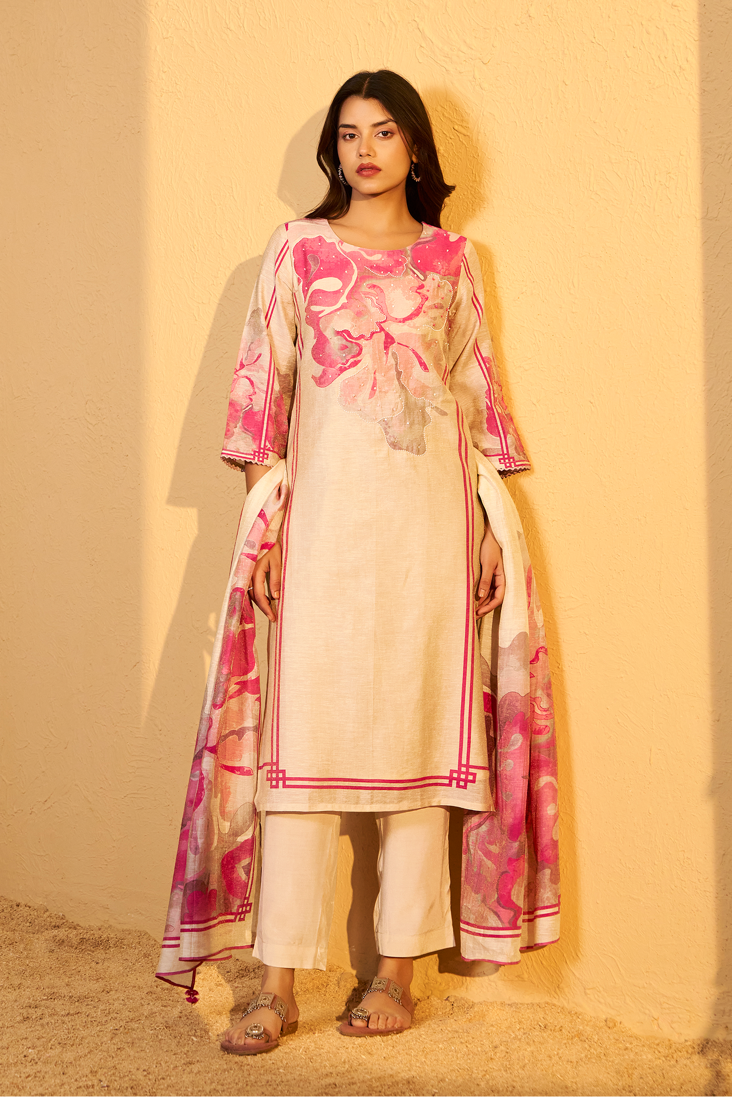 Beige Bloom Shimmer Linen Digital Print Kurta Set