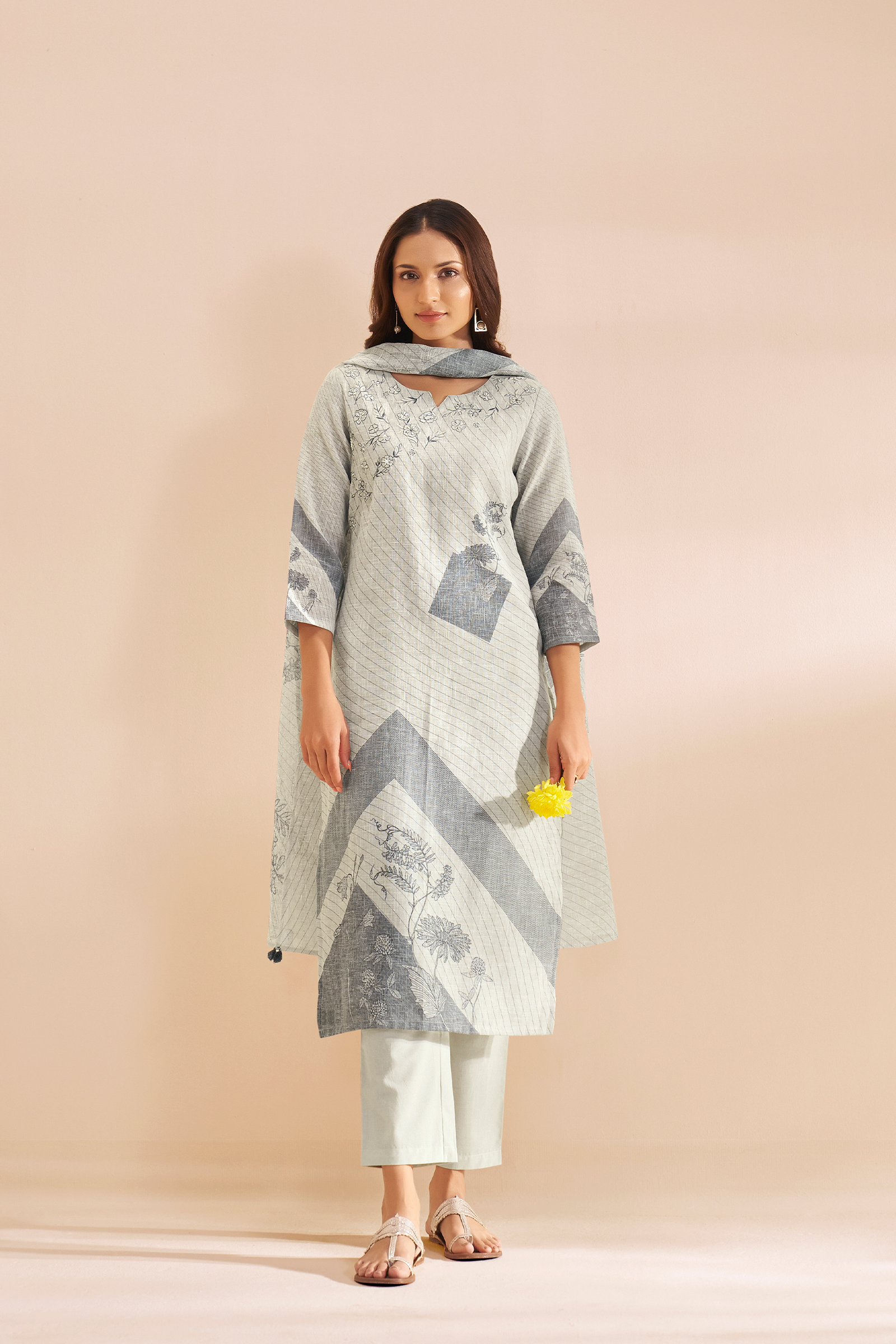 Silver Ash Linen Cotton Digital Printed Kurta Set