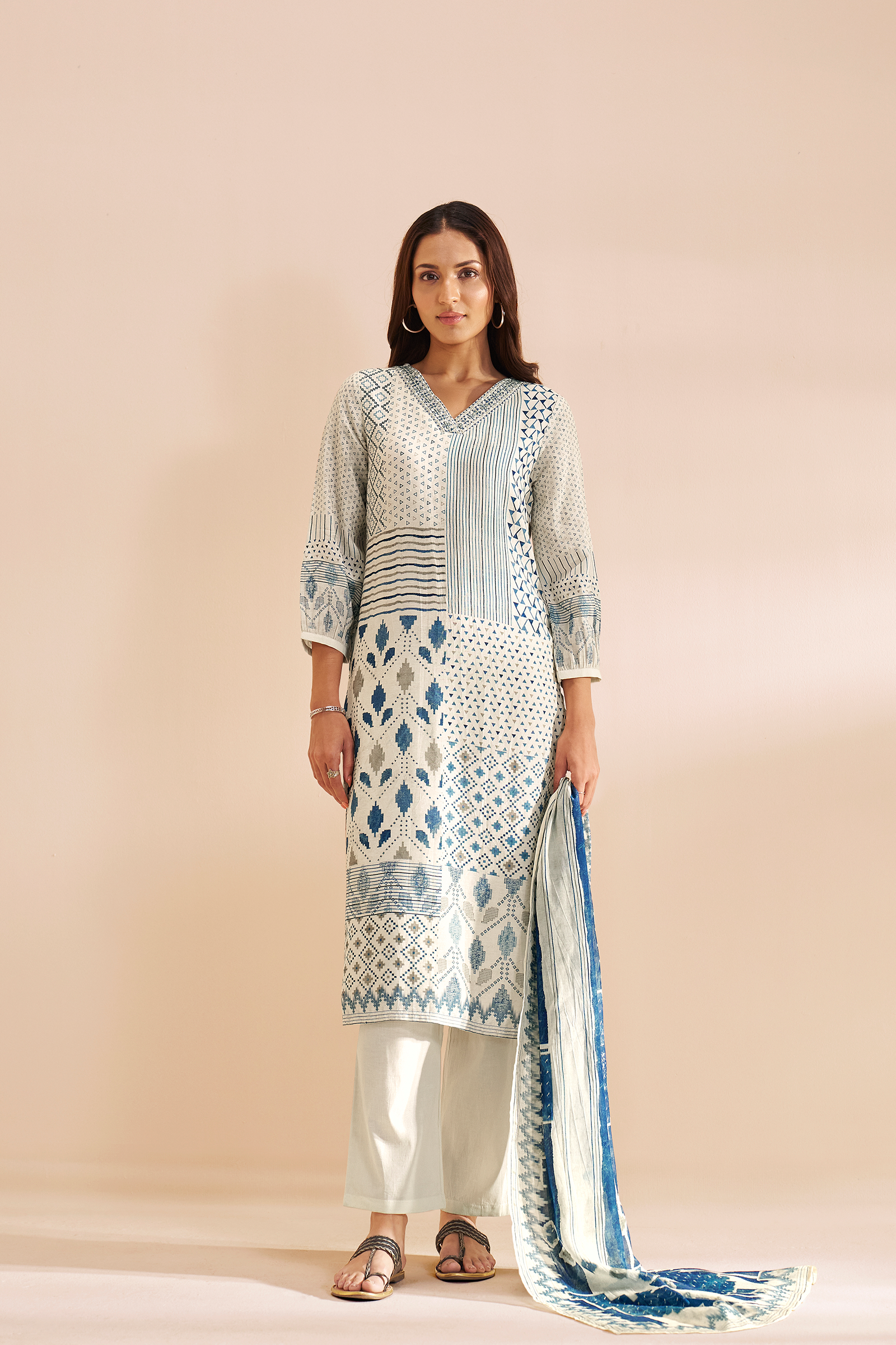 Porcelain White Mosaic Pure Chanderi Digital Printed Kurta Set