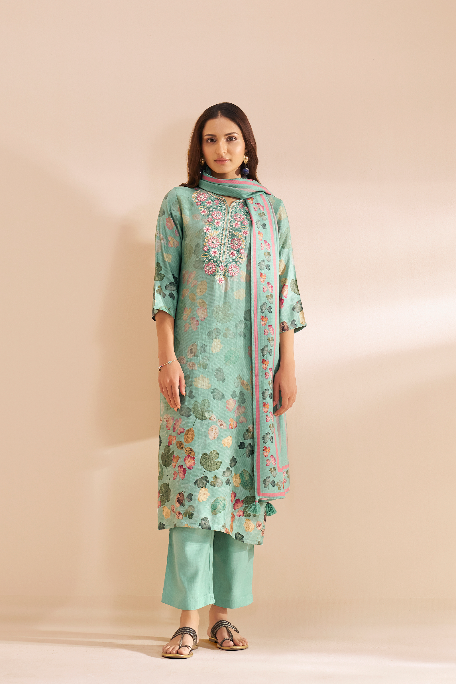 Soft Jade Digital Printed & Embroidered Viscose Kurta Set