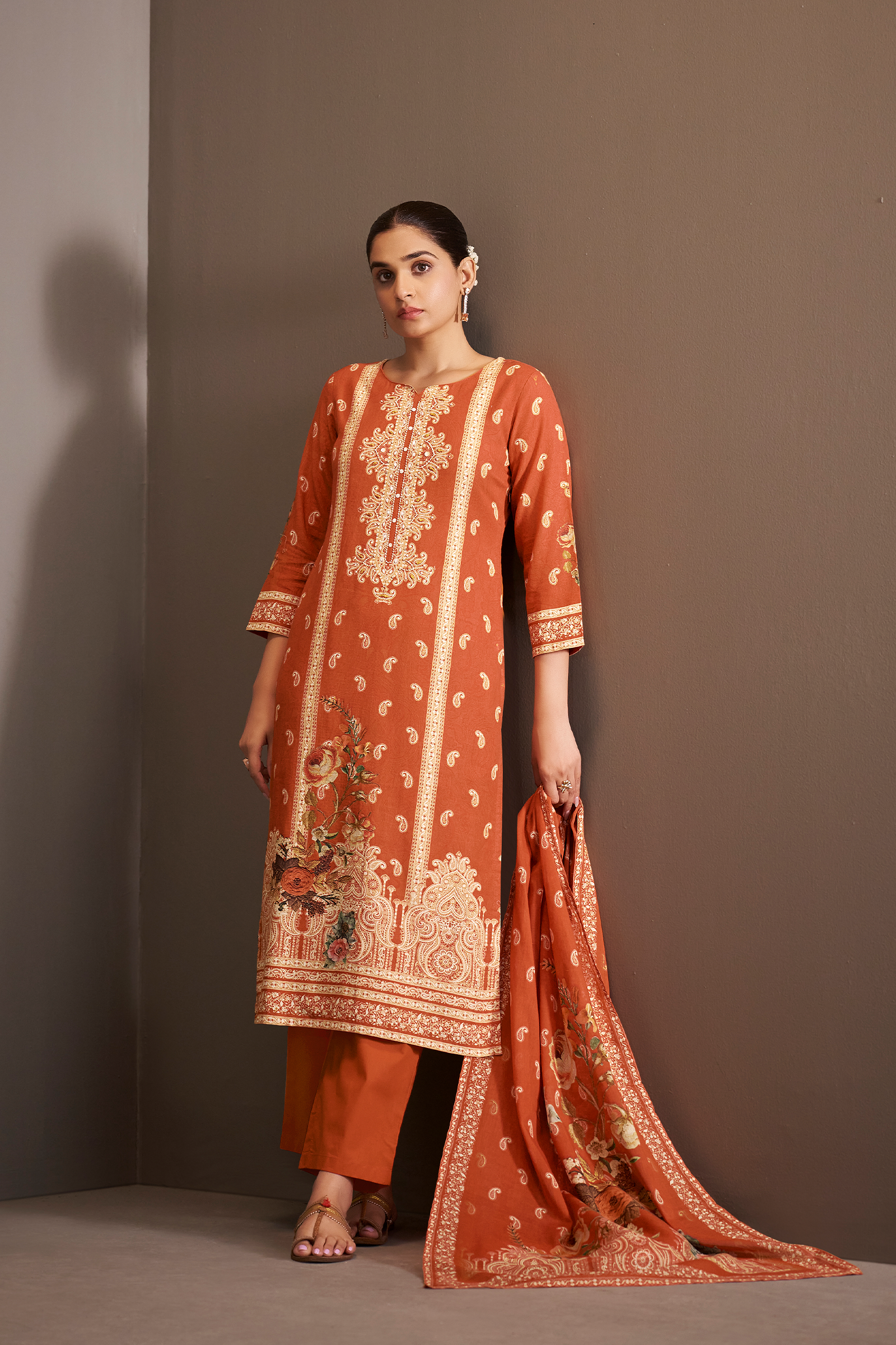 Rust Amber Cotton Linen Digital Printed Kurta Set