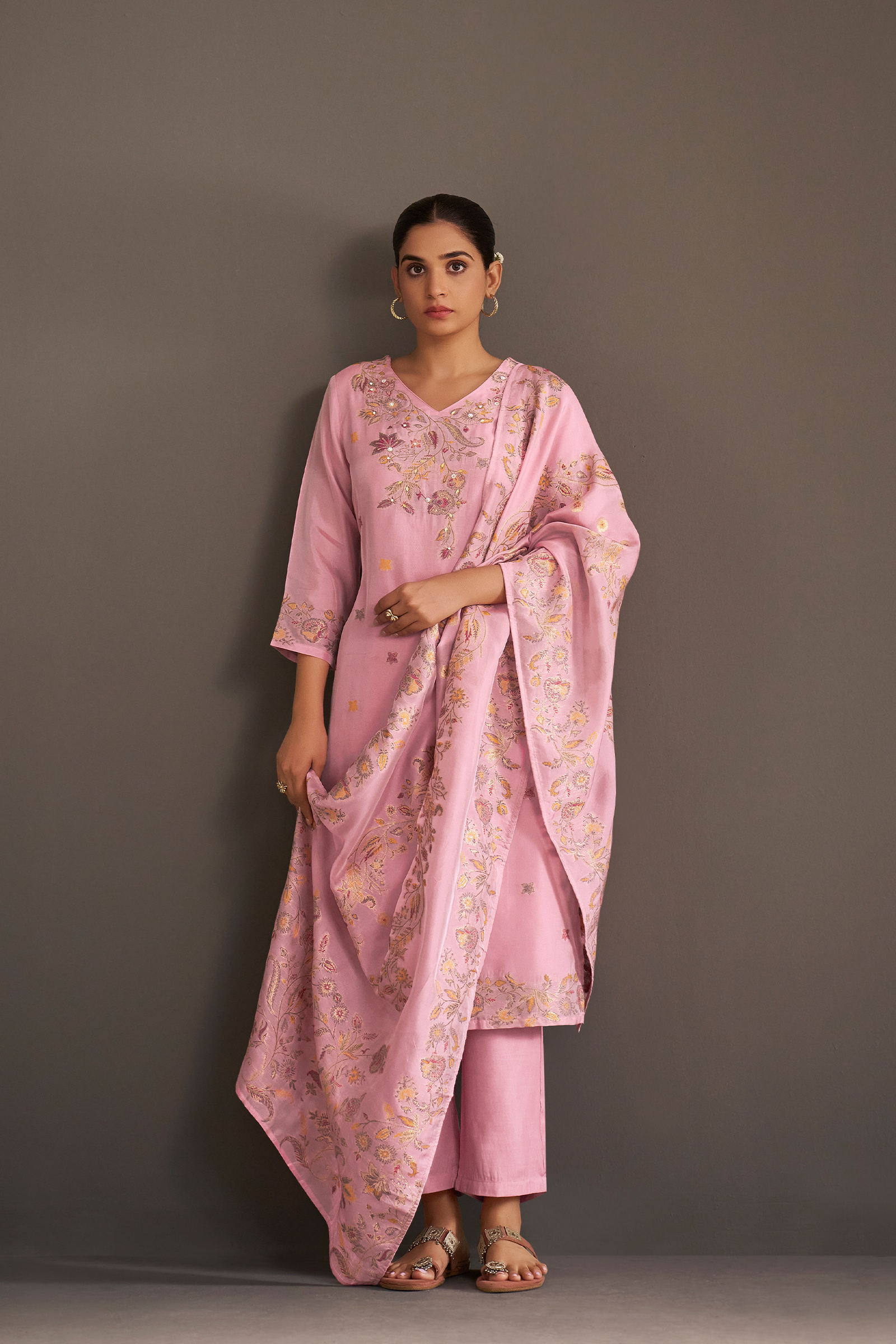 Soft Peony Chanderi Multi-Meena Work Jacquard Kurta Set