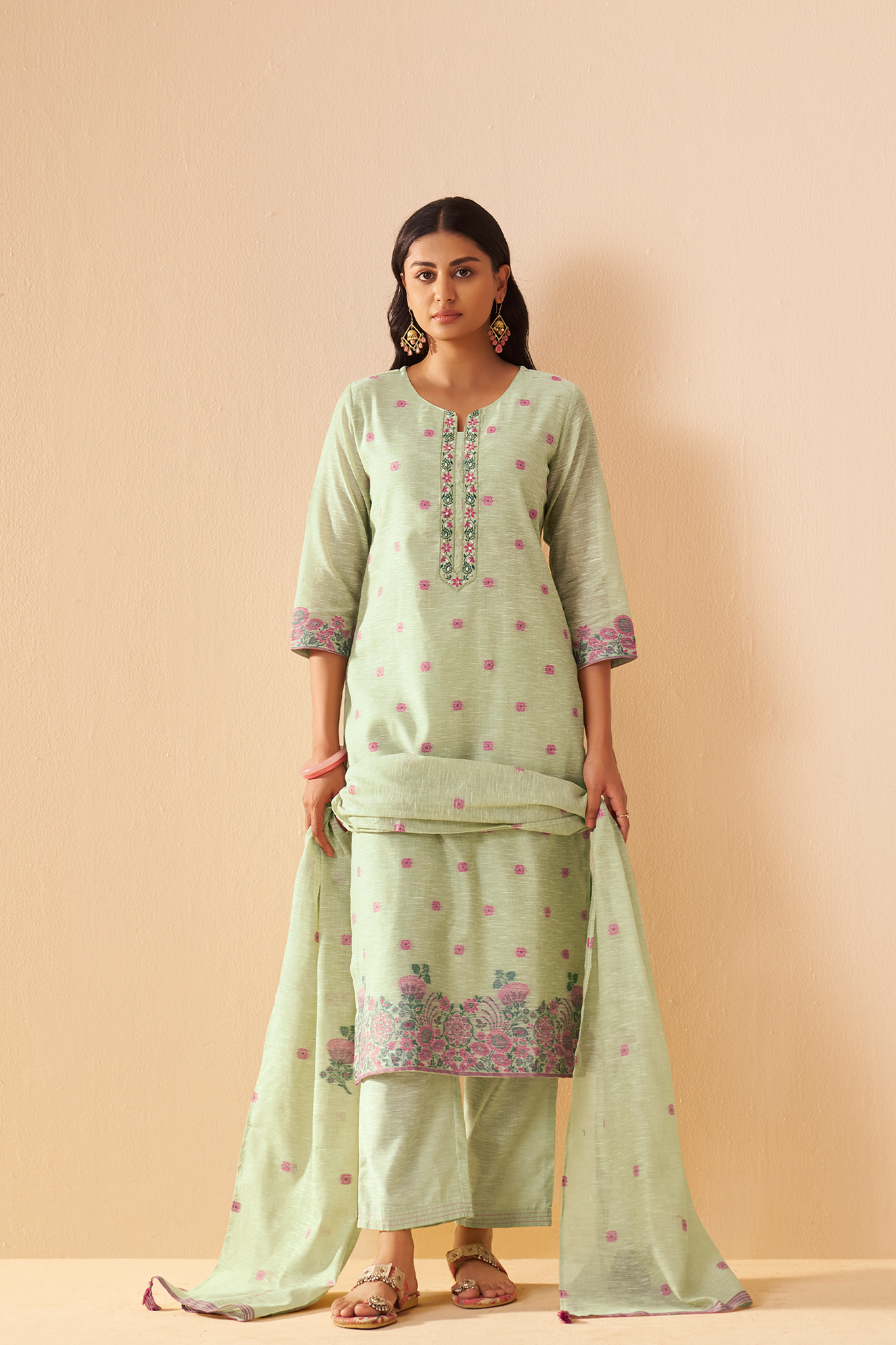 Blooming Pistachio Linen Chanderi Jacquard Kurta Set