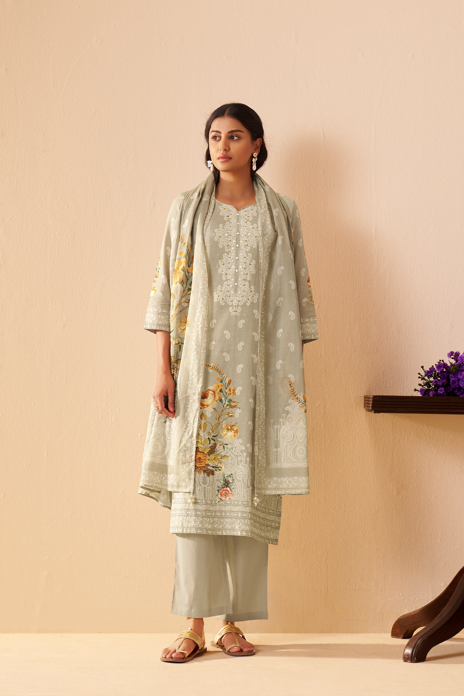 Sage Dune Cotton Linen Digital Printed Kurta Set