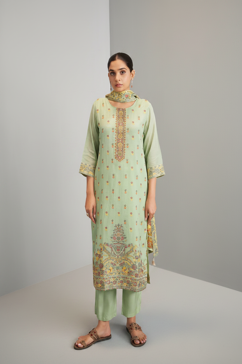 Soft Celadon Chanderi Multi-Meena Work Jacquard Kurta Set