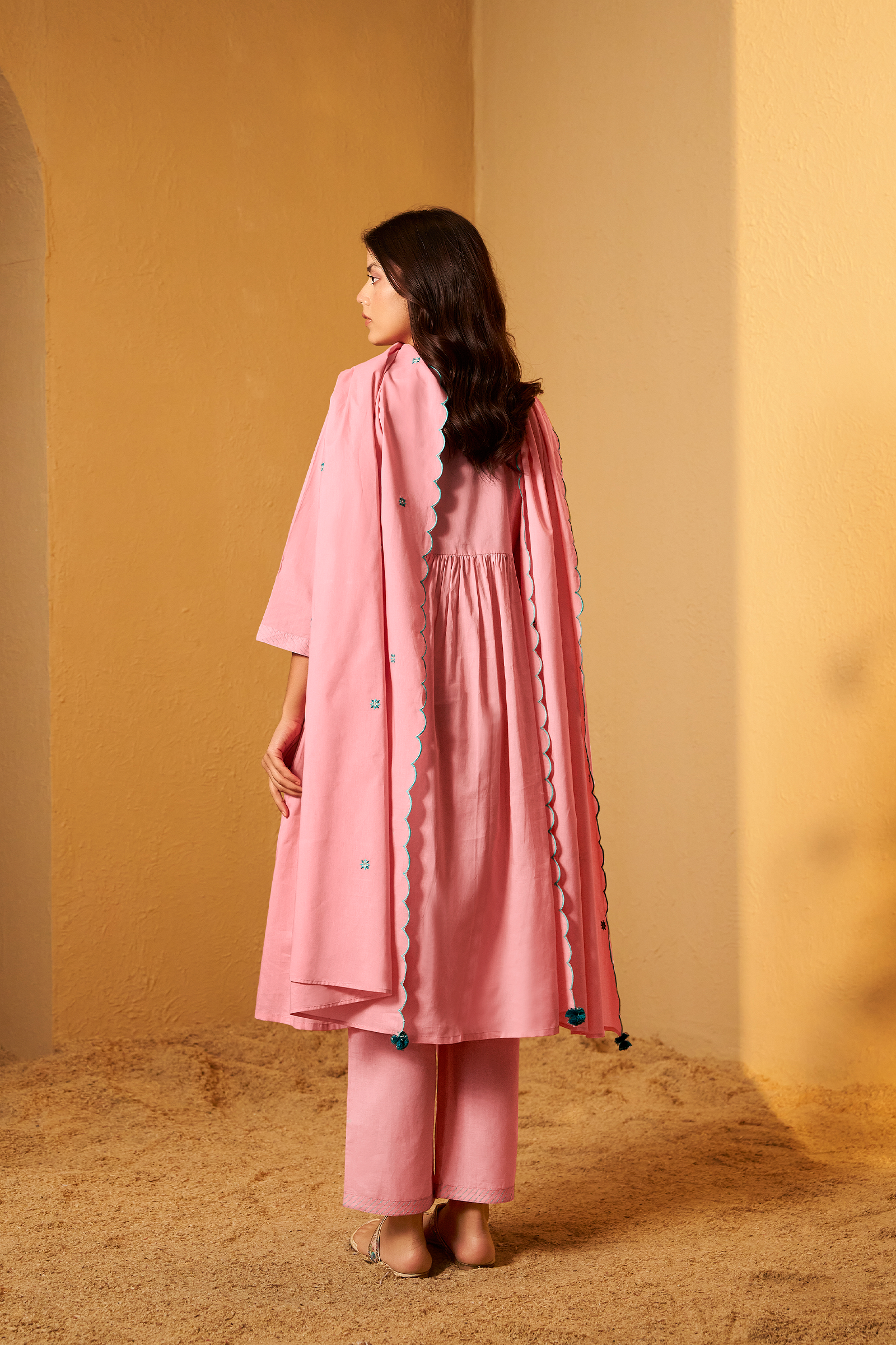 Gulabi Mist A-Line Cotton Embroidery Kurta Set