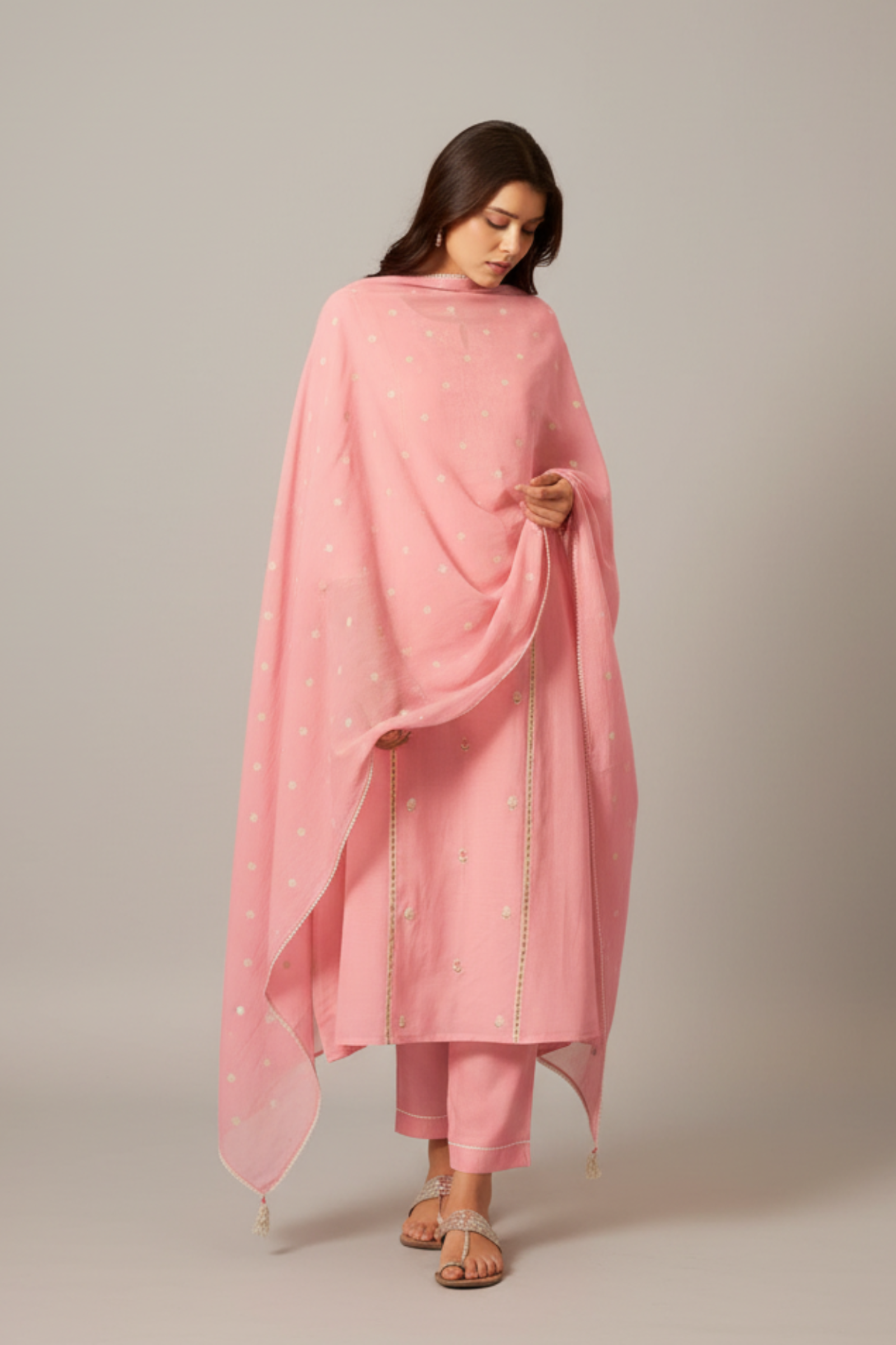 Ballet Rose Mul Chanderi A-Line Embroidery Kurta Set