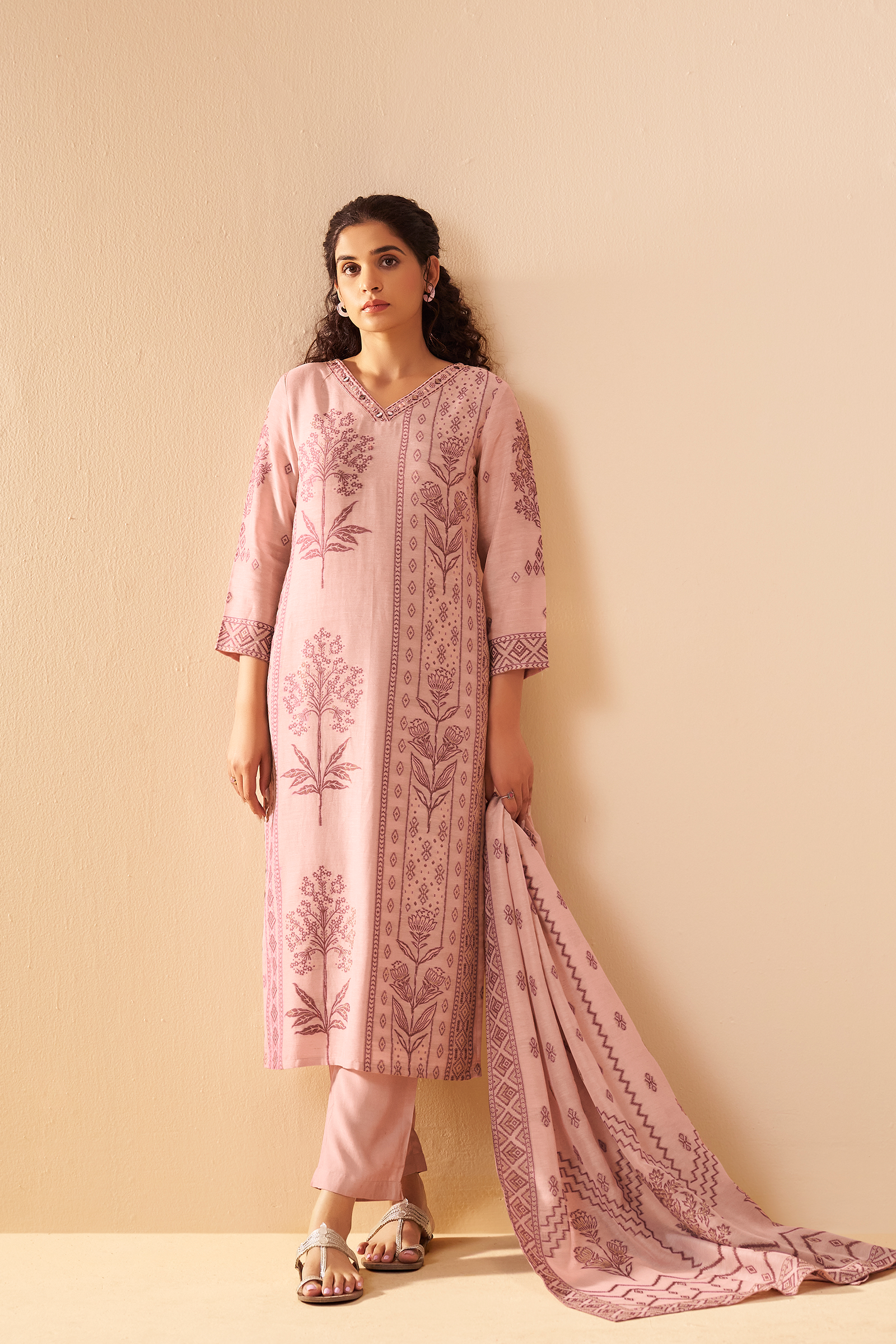 Rose Mist Linen Jacquard Kurta set