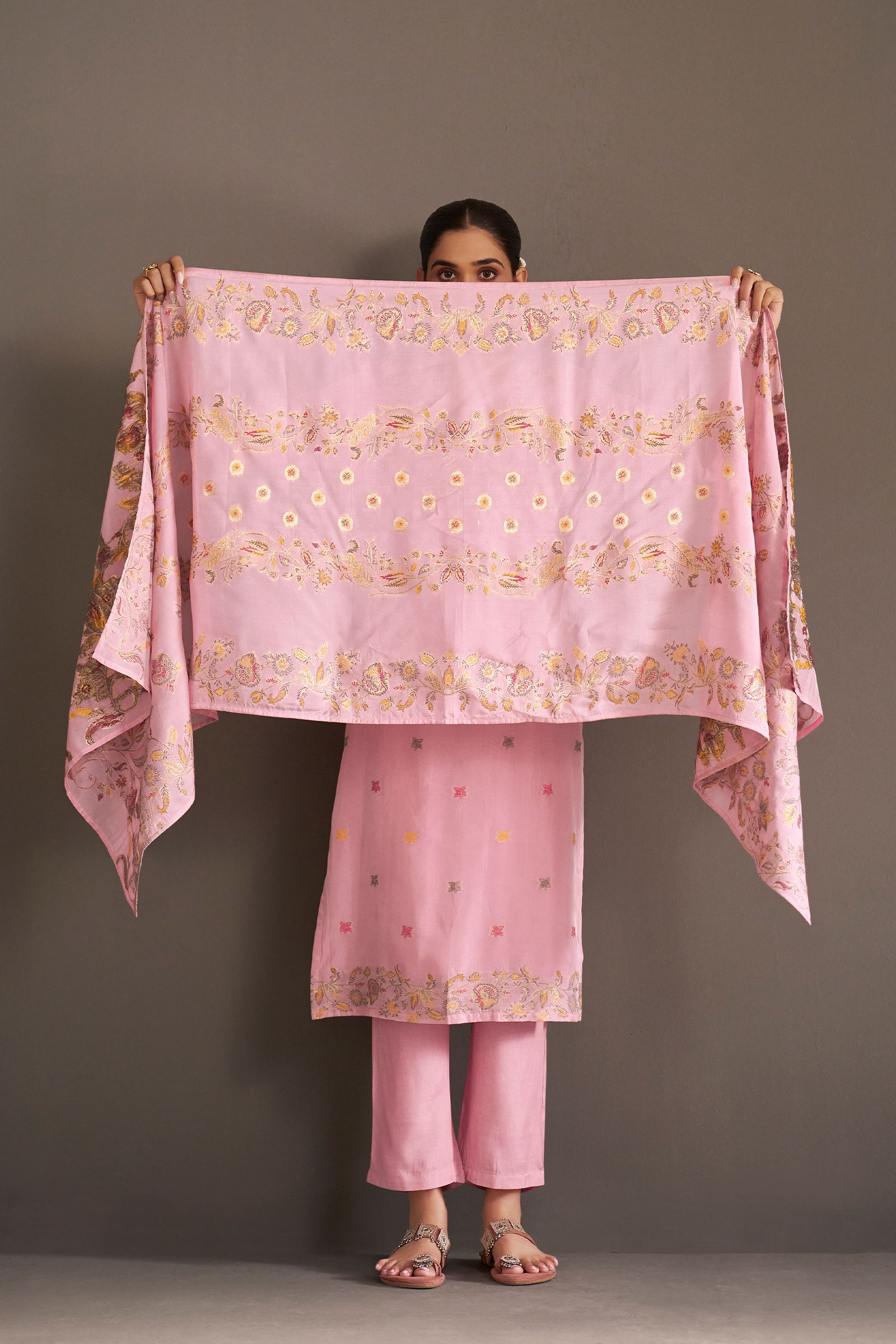 Soft Peony Chanderi Multi-Meena Work Jacquard Kurta Set