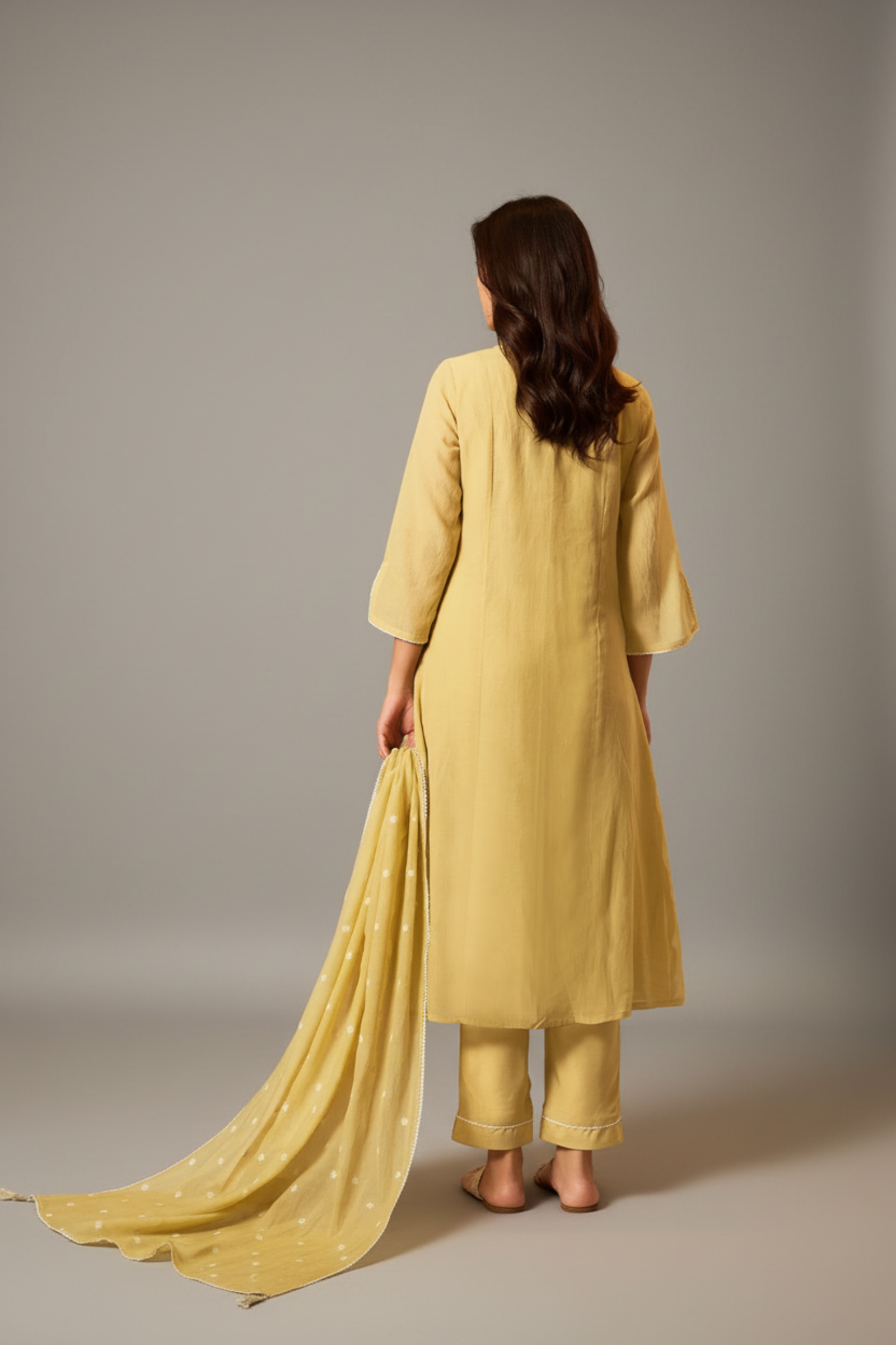 Sunlit Ochre Mul Chanderi A-Line Embroidery Kurta Set