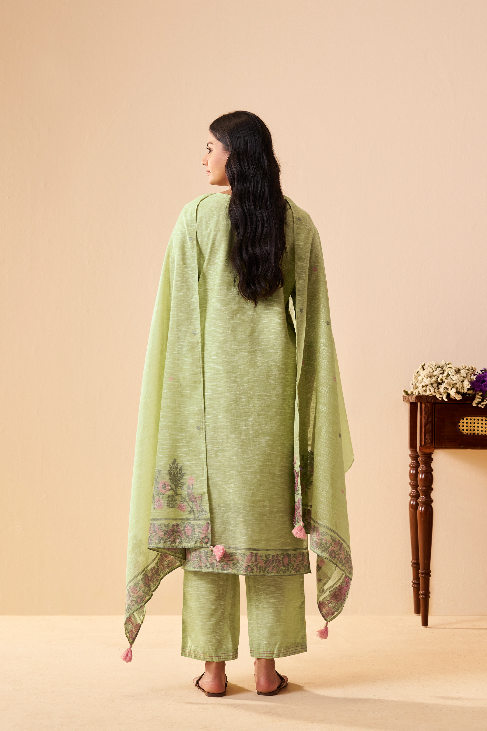 Sage Garden Linen Chanderi Jacquard Kurta Set