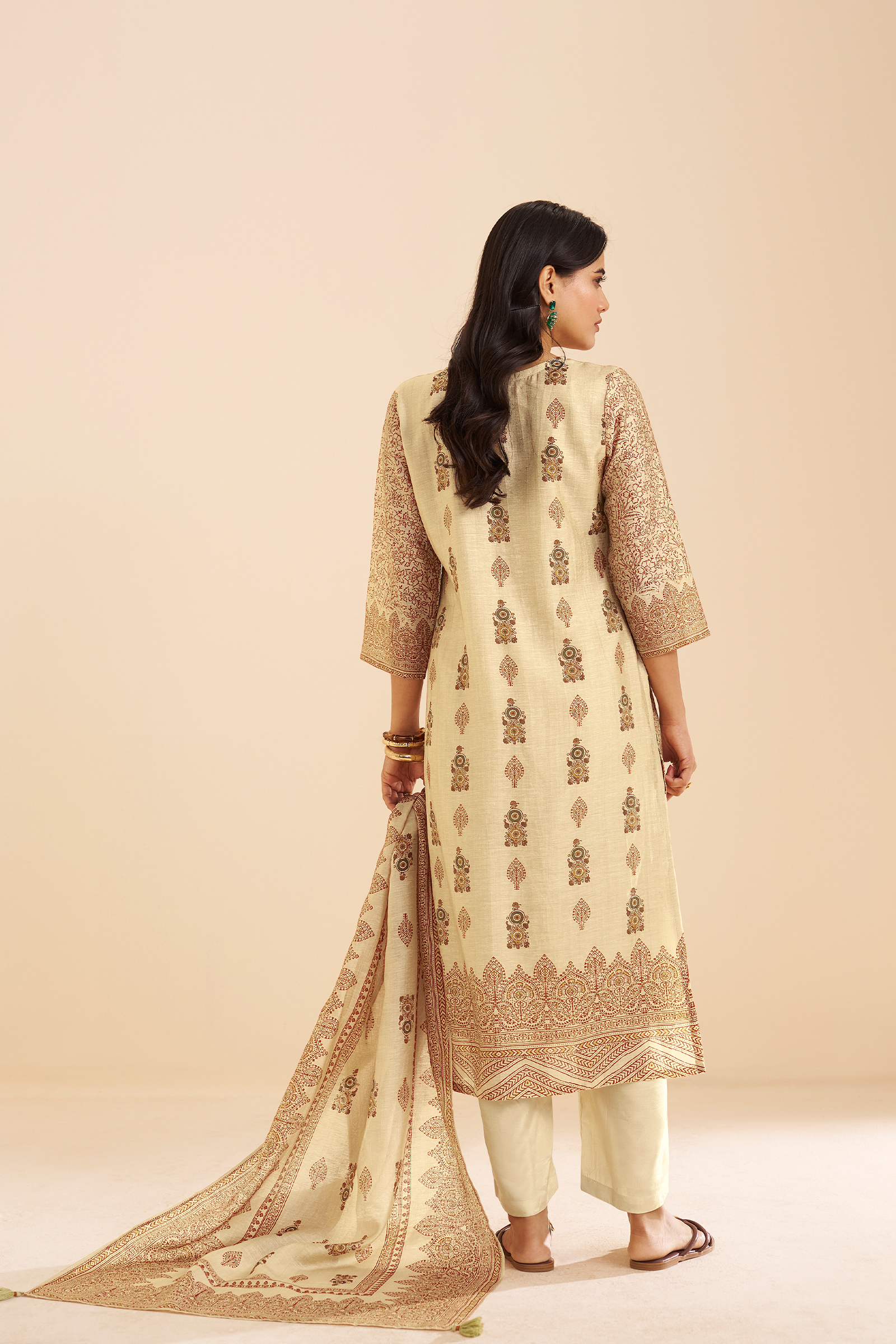 Champagne Beige Shimmer linen Digital printed Kurta Set