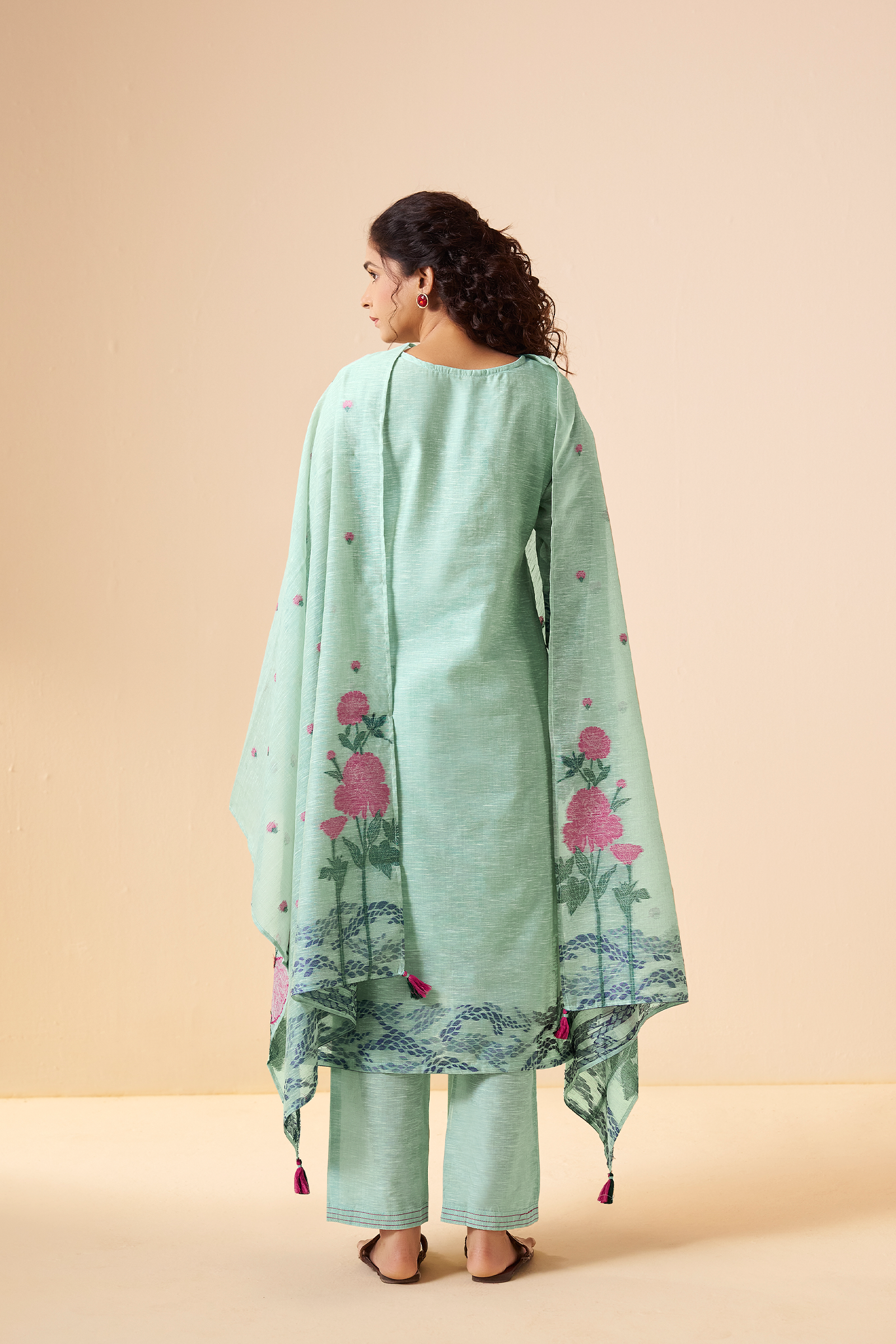 Mint Peony Linen Chanderi Jacquard Kurta Set