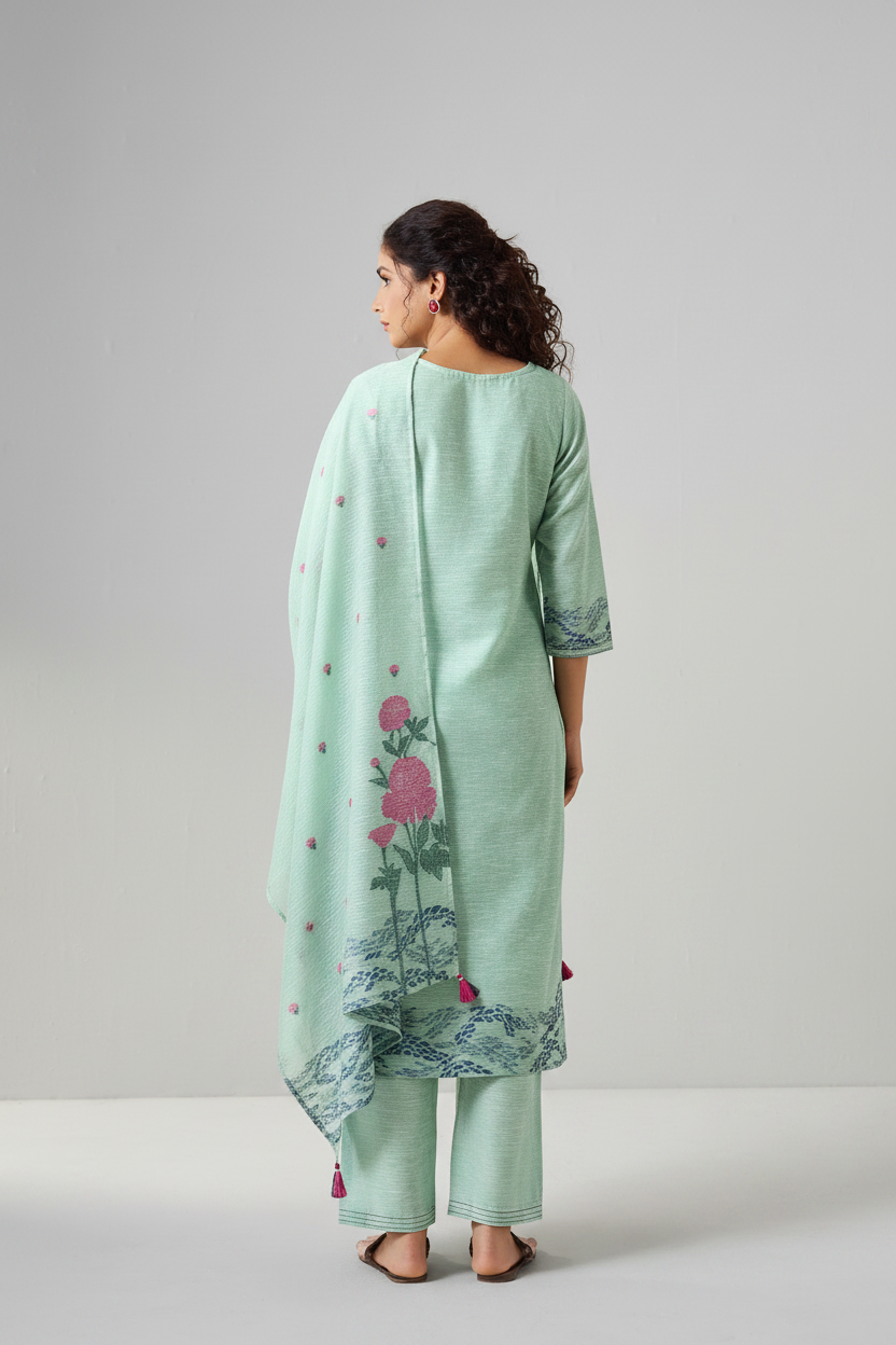 Mint Peony Linen Chanderi Jacquard Kurta Set