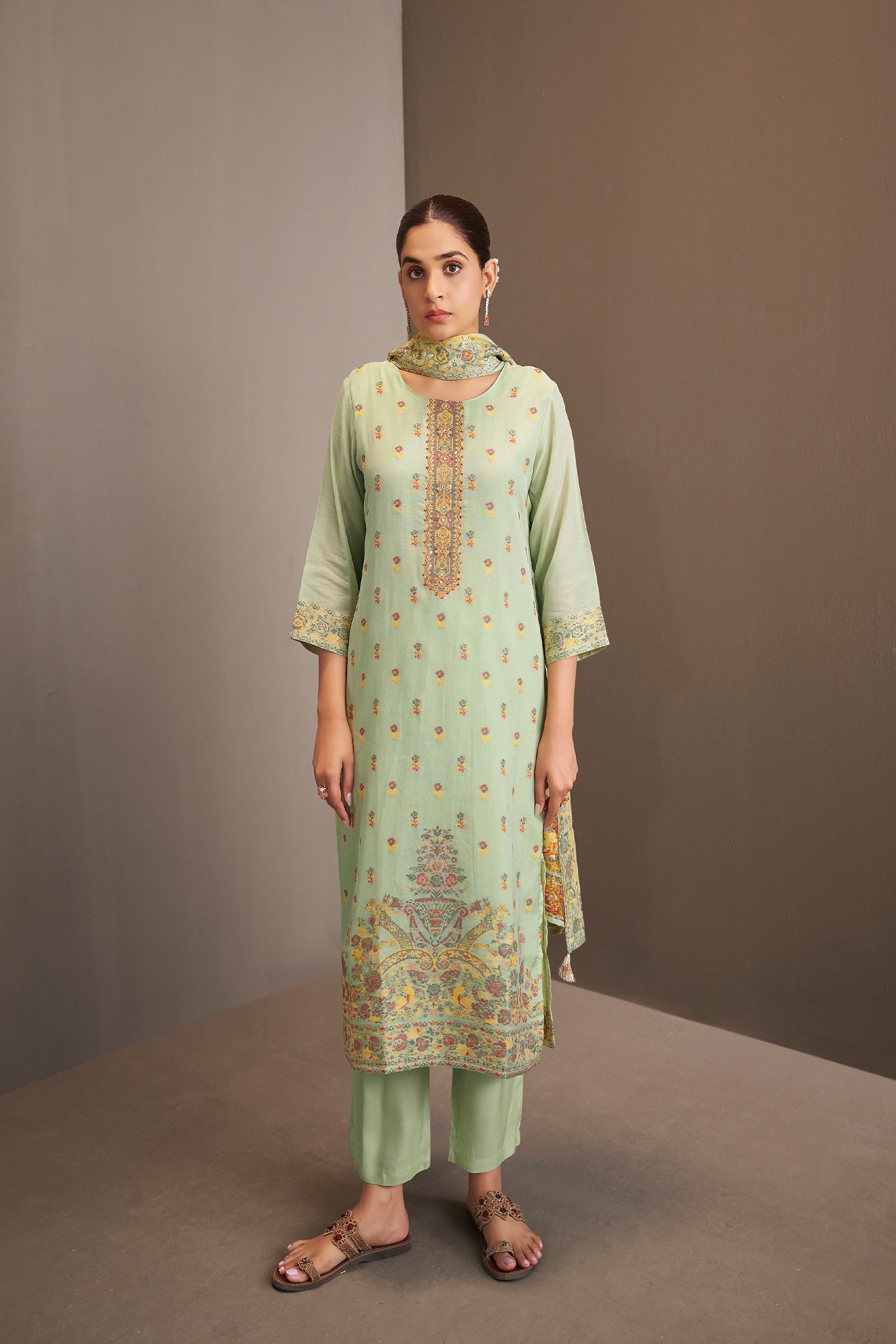 Soft Celadon Chanderi Multi-Meena Work Jacquard Kurta Set