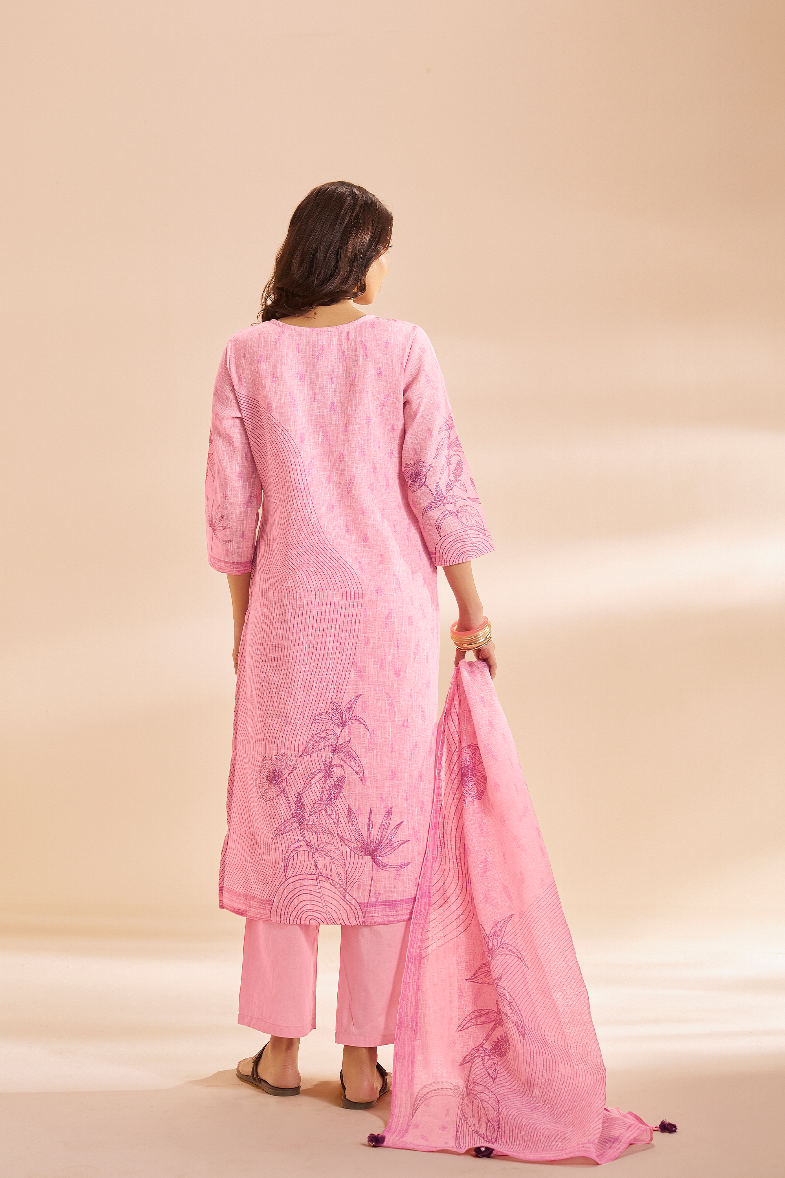 Soft Fuchsia Linen Cotton Digital Printed Kurta Set