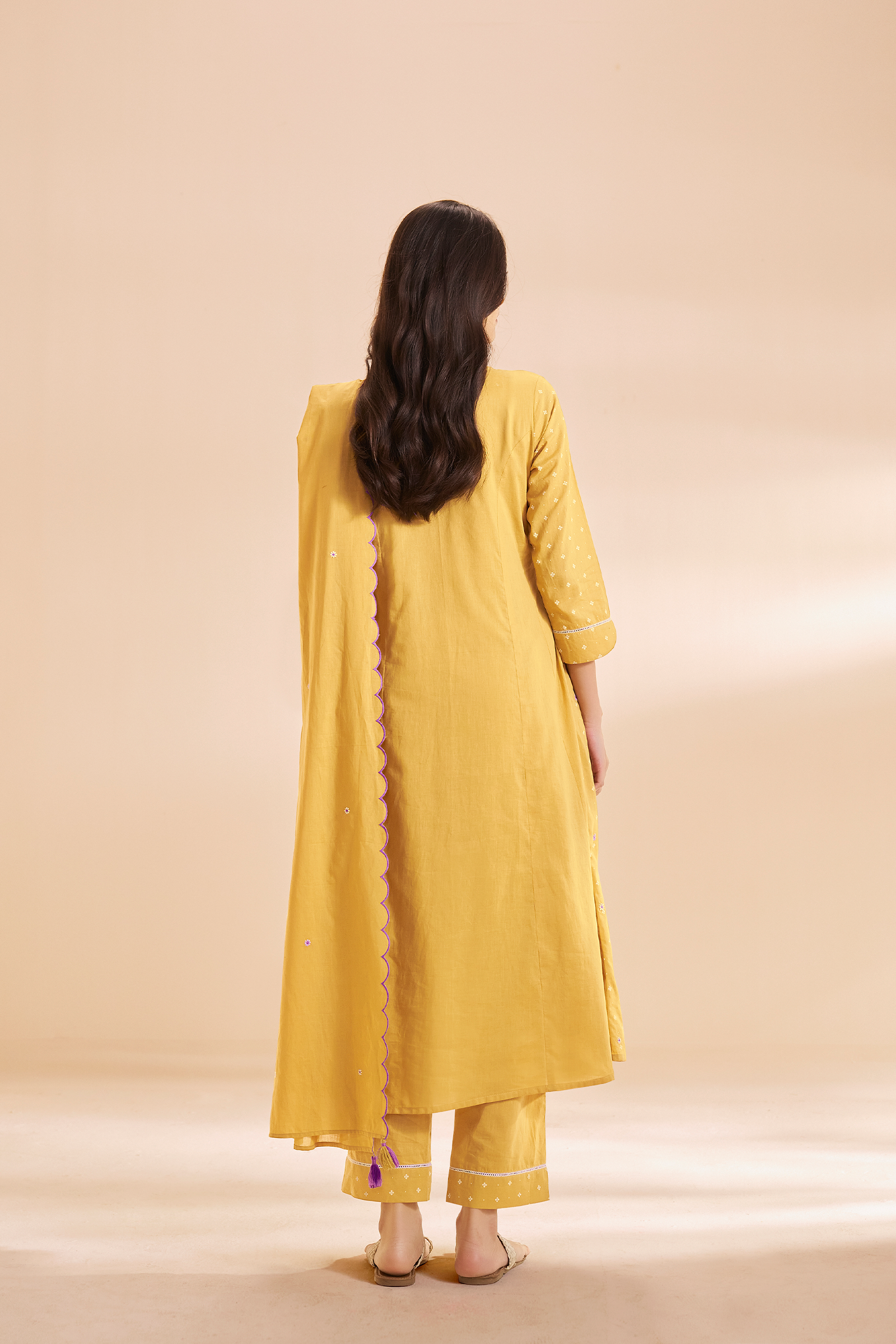 Golden Mimosa Table Print Embroidered Kurta Set