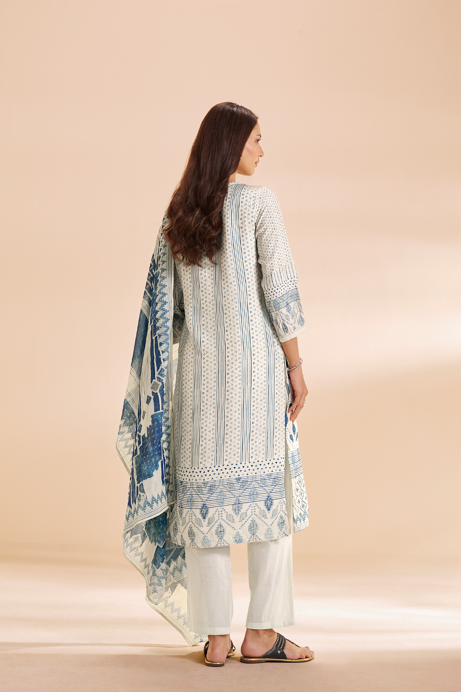 Porcelain White Mosaic Pure Chanderi Digital Printed Kurta Set