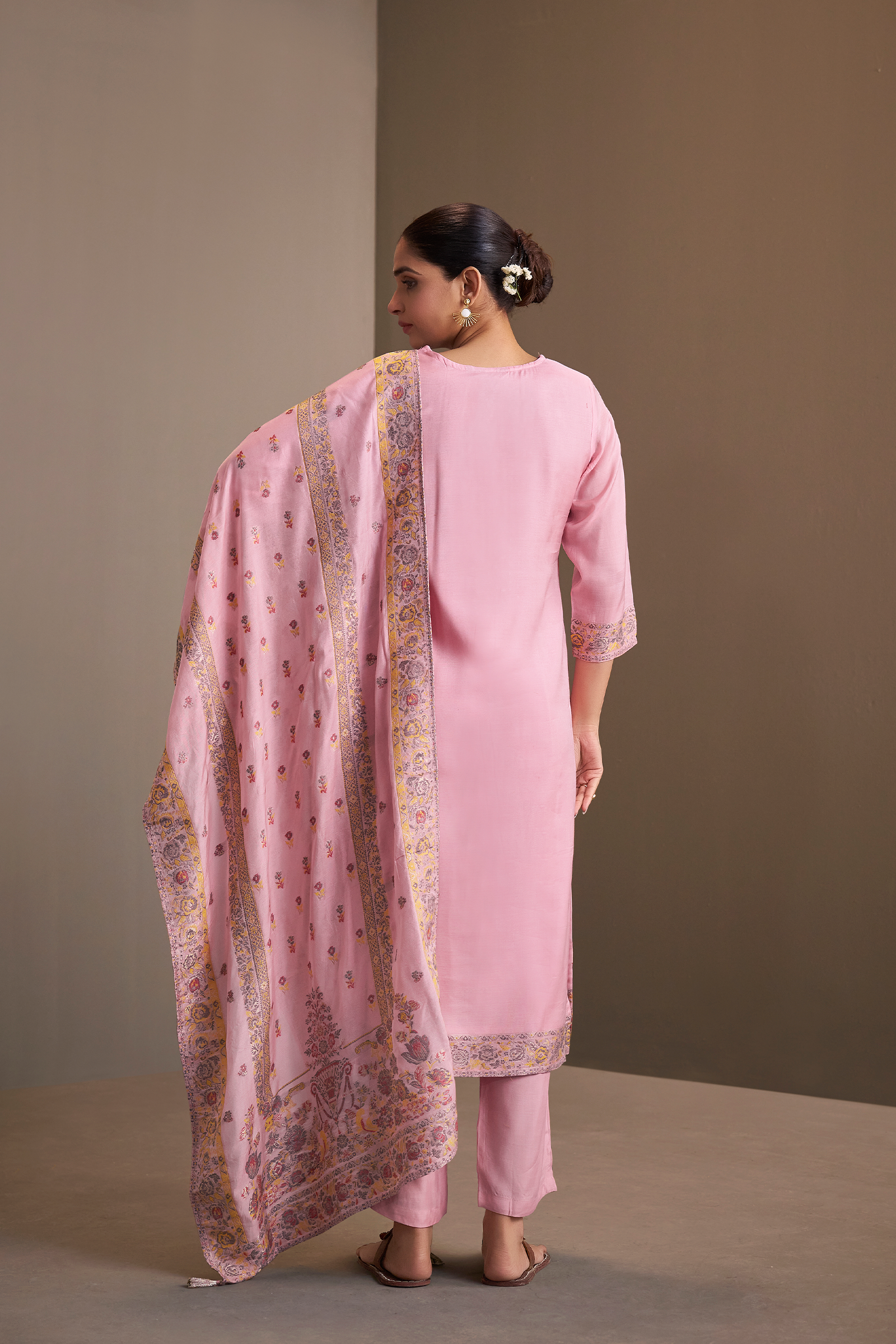 Rose Quartz Pink Chanderi Multi-Meena Work Jacquard Kurta Set