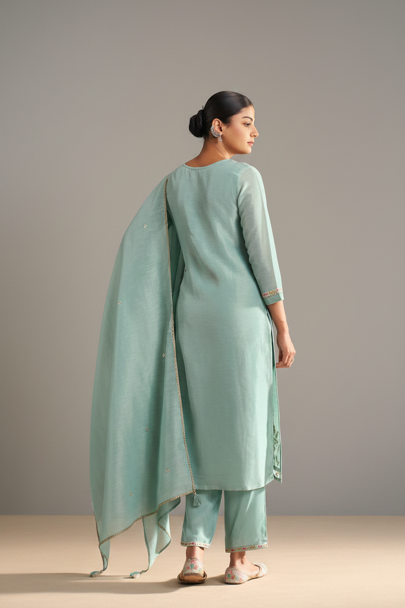 Seafoam Blue Shimmer Linen Embroidered Kurta Set