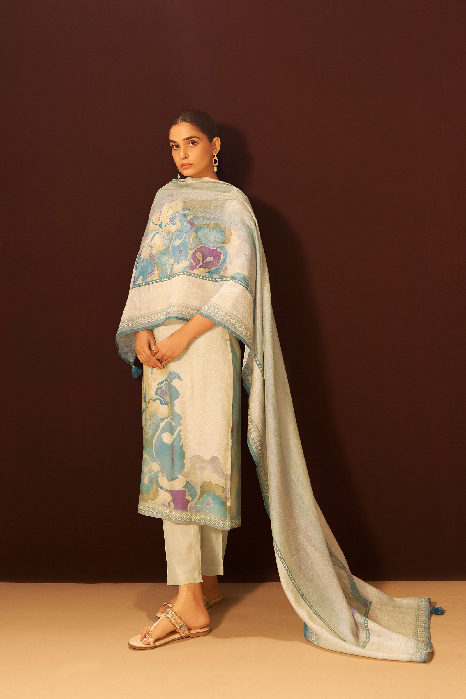 Powder Blue Mist Digital Printed Linen Kurta Set