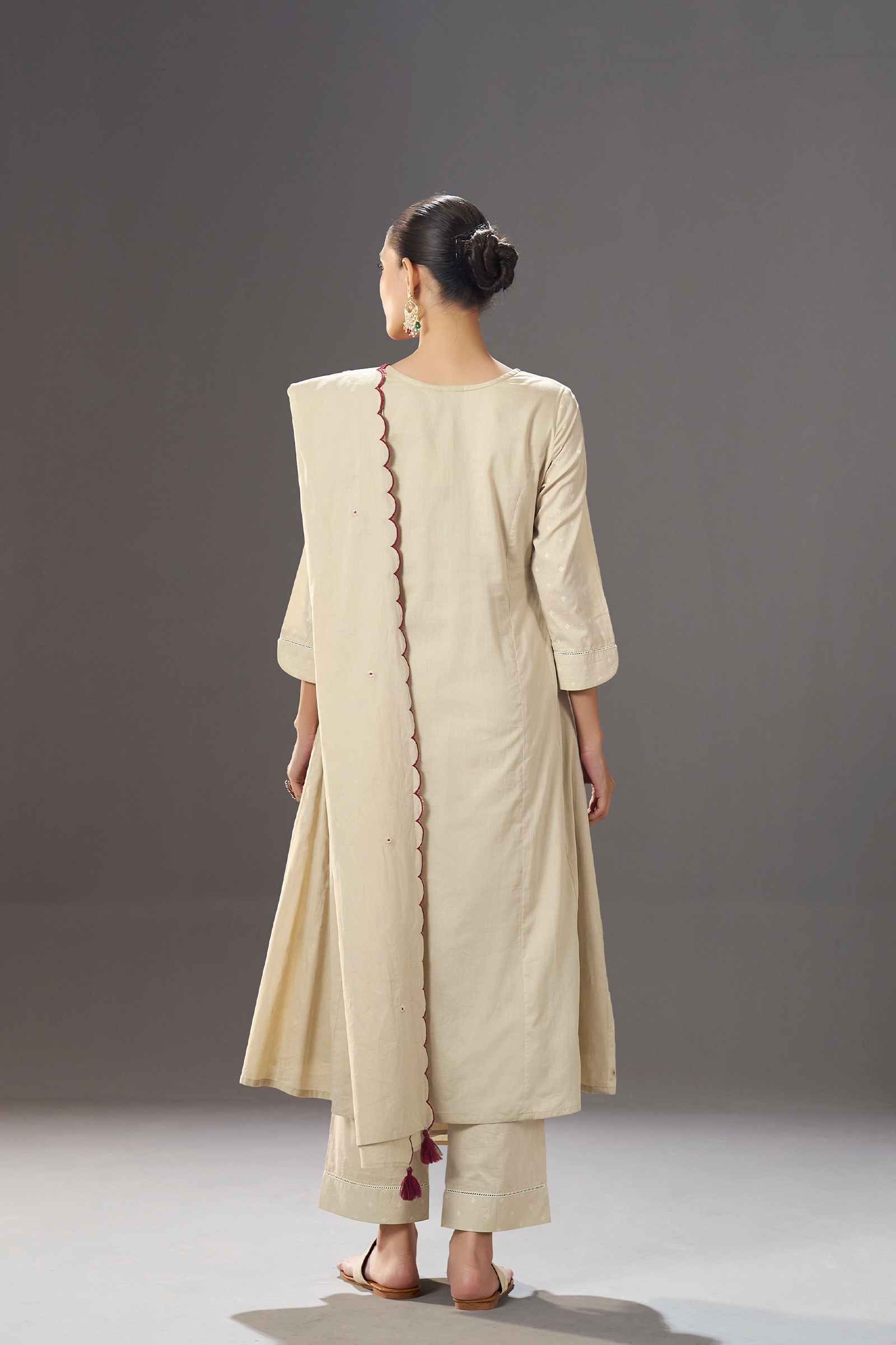 Cream Taupe Table Print Embroidered Kurta Set