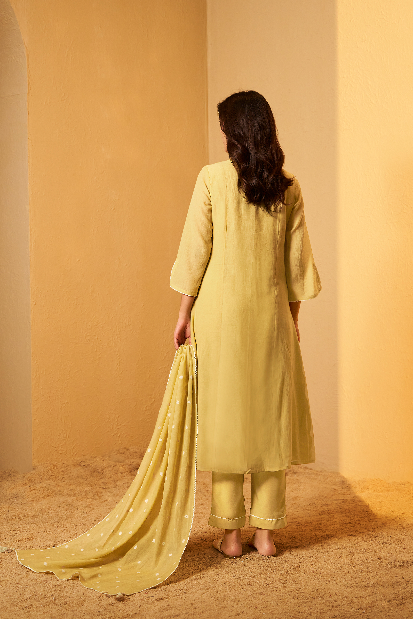 Sunlit Ochre Mul Chanderi A-Line Embroidery Kurta Set