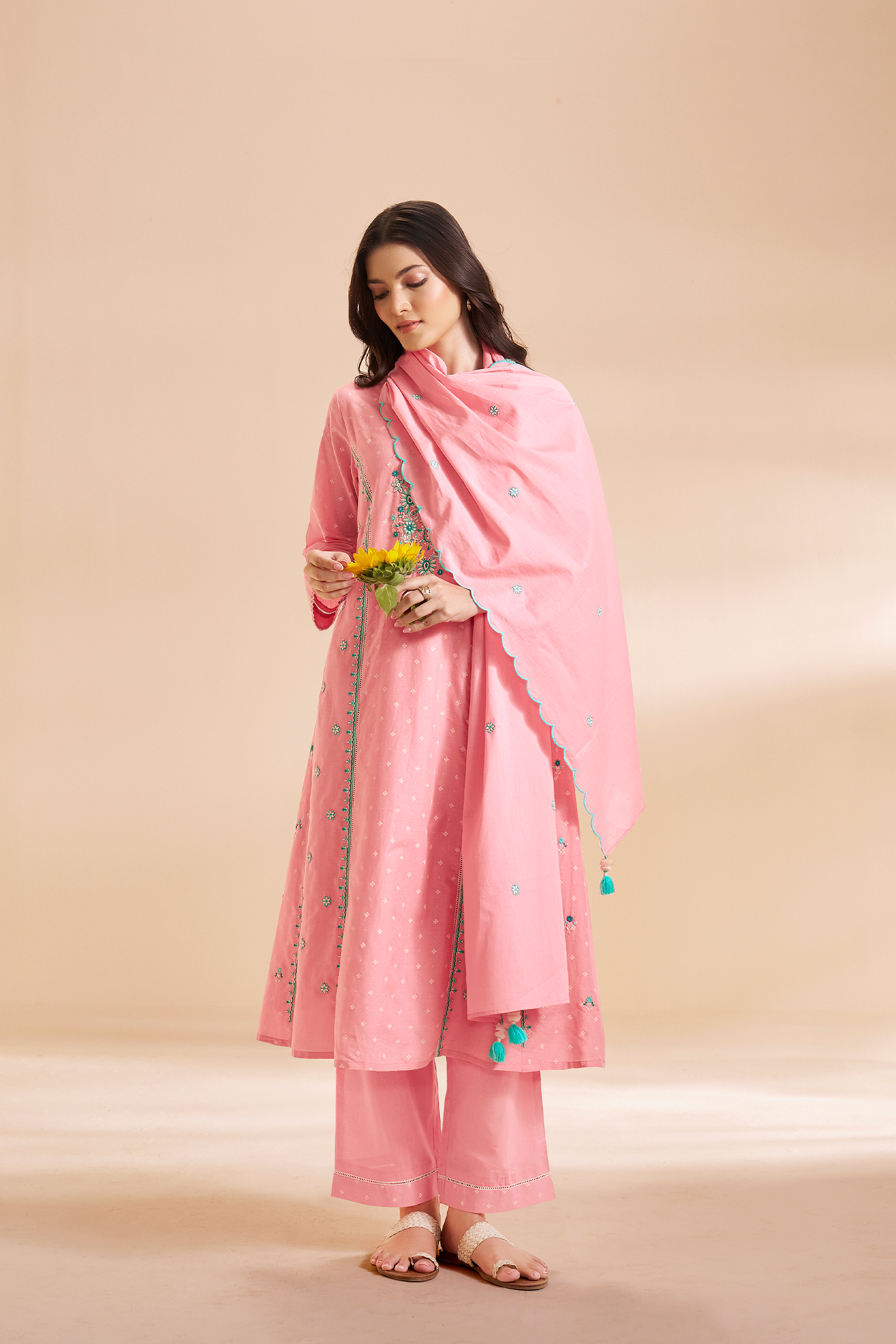 Rosy Flamingo Table Print Embroidered Kurta Set