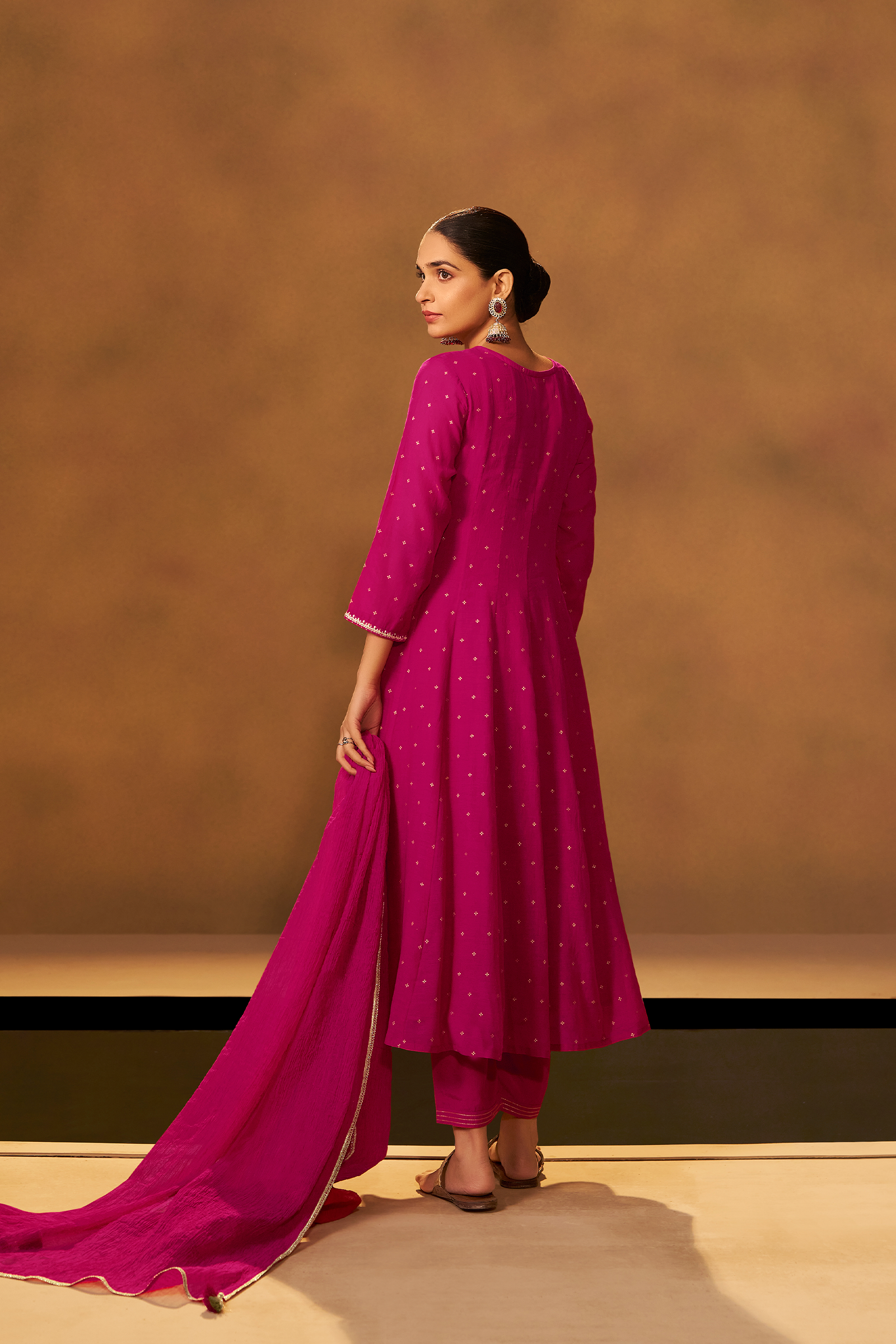Bold Magenta Mul Chanderi Table Print Anarkali Kurta Set