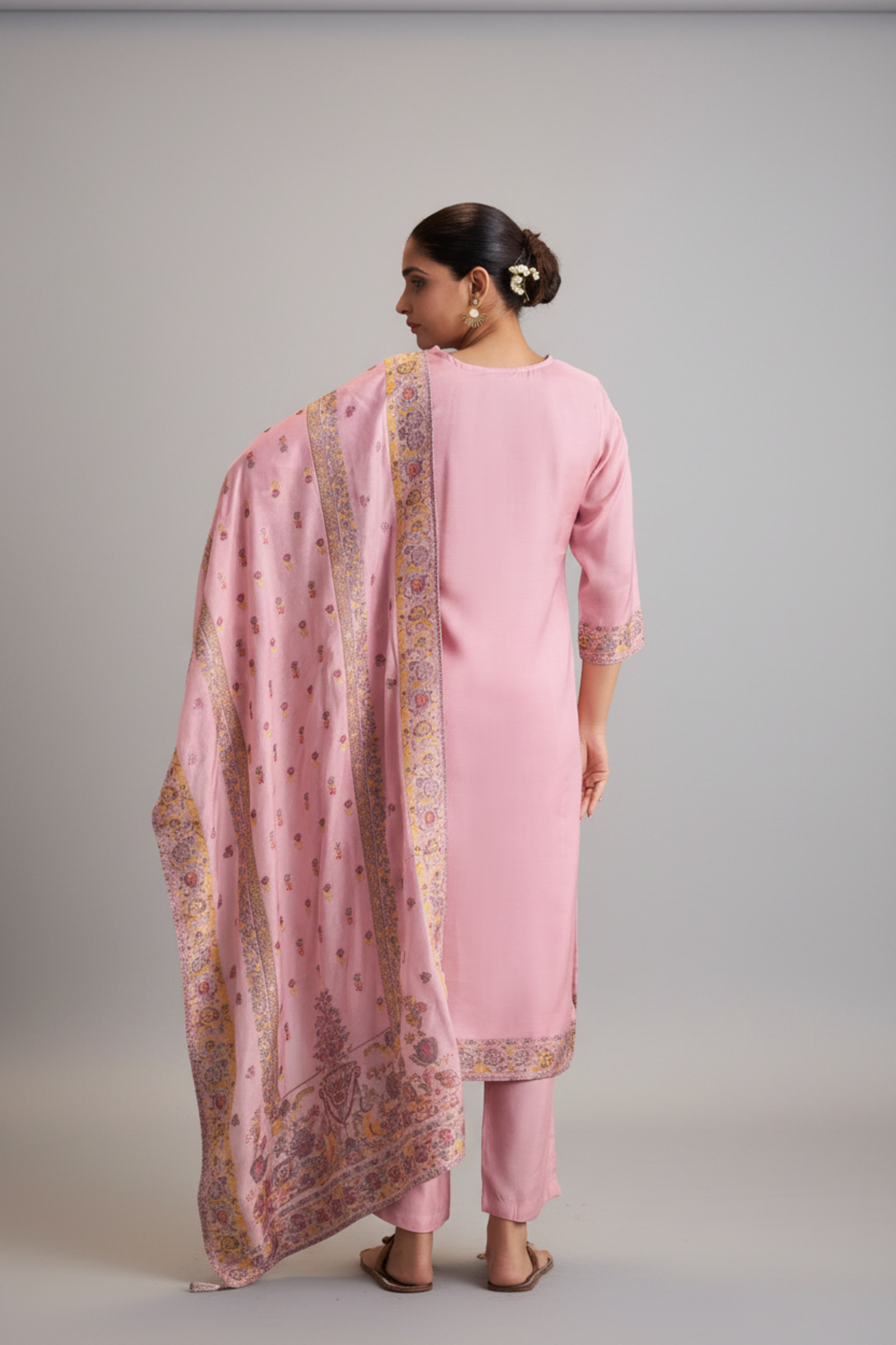 Rose Quartz Pink Chanderi Multi-Meena Work Jacquard Kurta Set